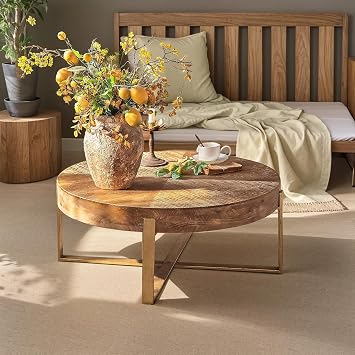 Gexpusm Round Wood Coffee Table with Cross Legs | 32" Farmhouse Rustic Circle Table for Living Room, Mid-Century Modern Retro, Easy Assembly32" Dx32 Wx18 H