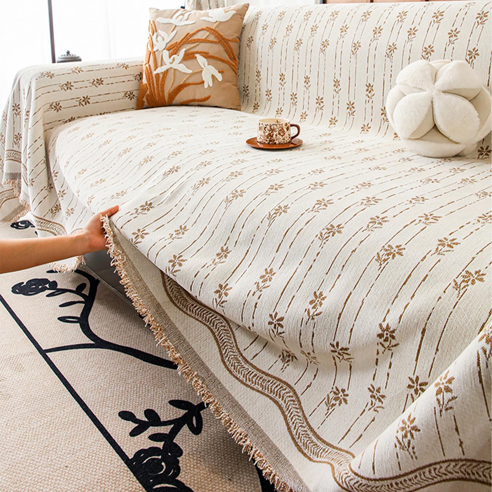 Housse de canapé antidérapante - Motif géométrique jacquard rayé avec pompons - Lavable - 180 x 460 cm - Housse de protection durable pour meubles de maison