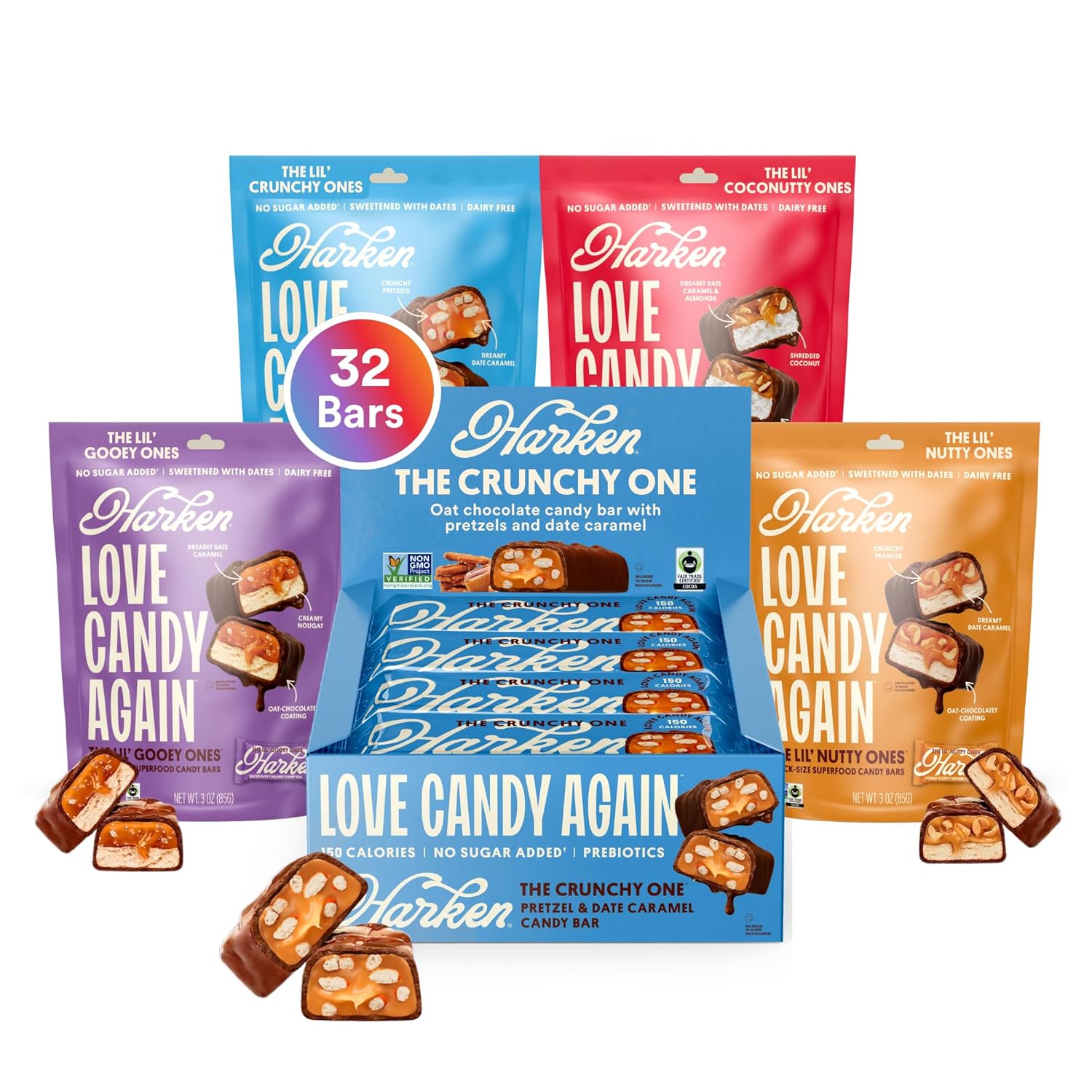 Harken Sweets The Crunchy One and Lil' Ones Variety Pack Bundle, Oat Milk Chocolate Bars Sweetened with Dates - 32 Bars