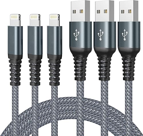 Cargador de iPhone, cable Lightning certificado MFi, paquete de 3 cables de carga rápida de 6 pies de nailon trenzado de Apple, compatible con