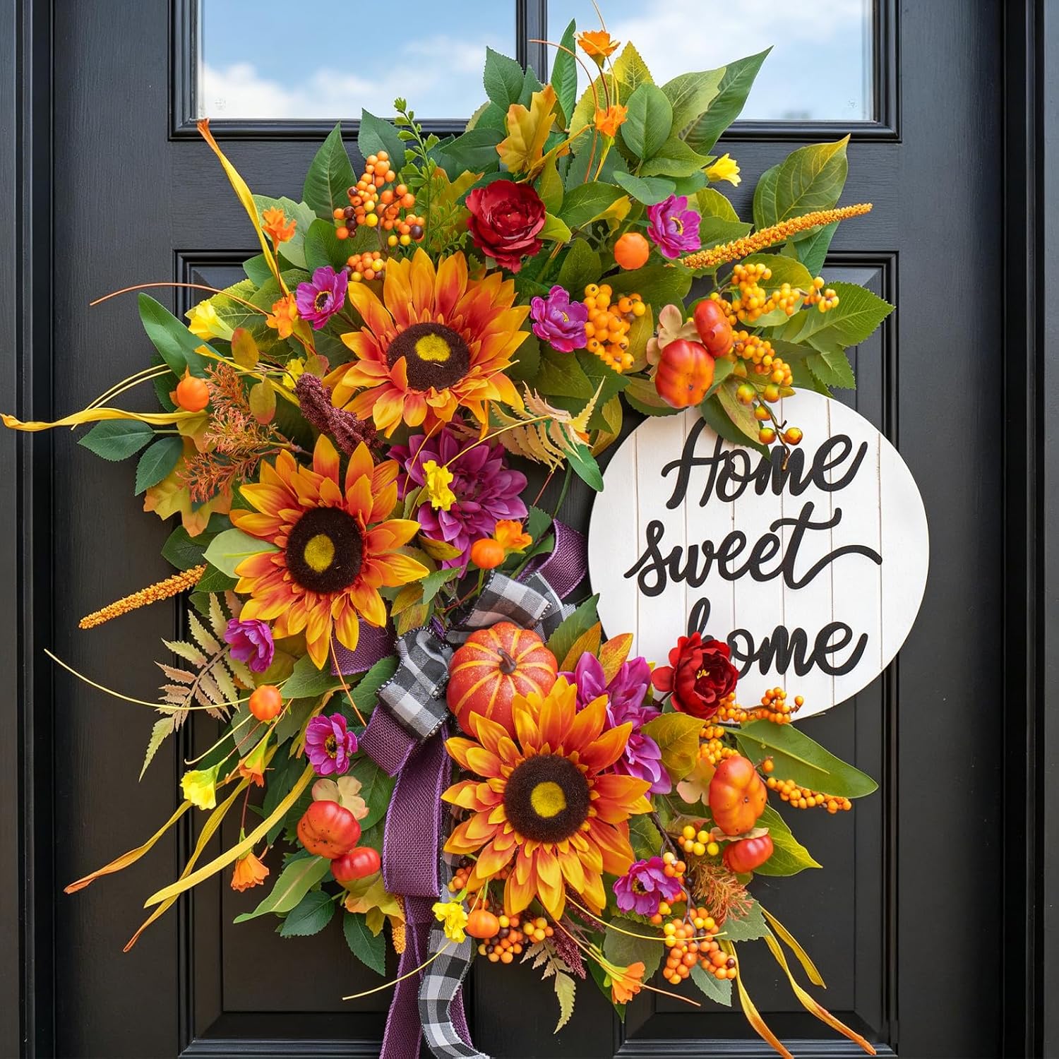 Fall Wreaths for Front Door 24 Inch,Autumn Wreath with Sunflowers,Pumpkins,Dahlias & Welcome Sign,Farmhouse Fall Door Wreath for Porch,Entryway,Harvest & Thanksgiving