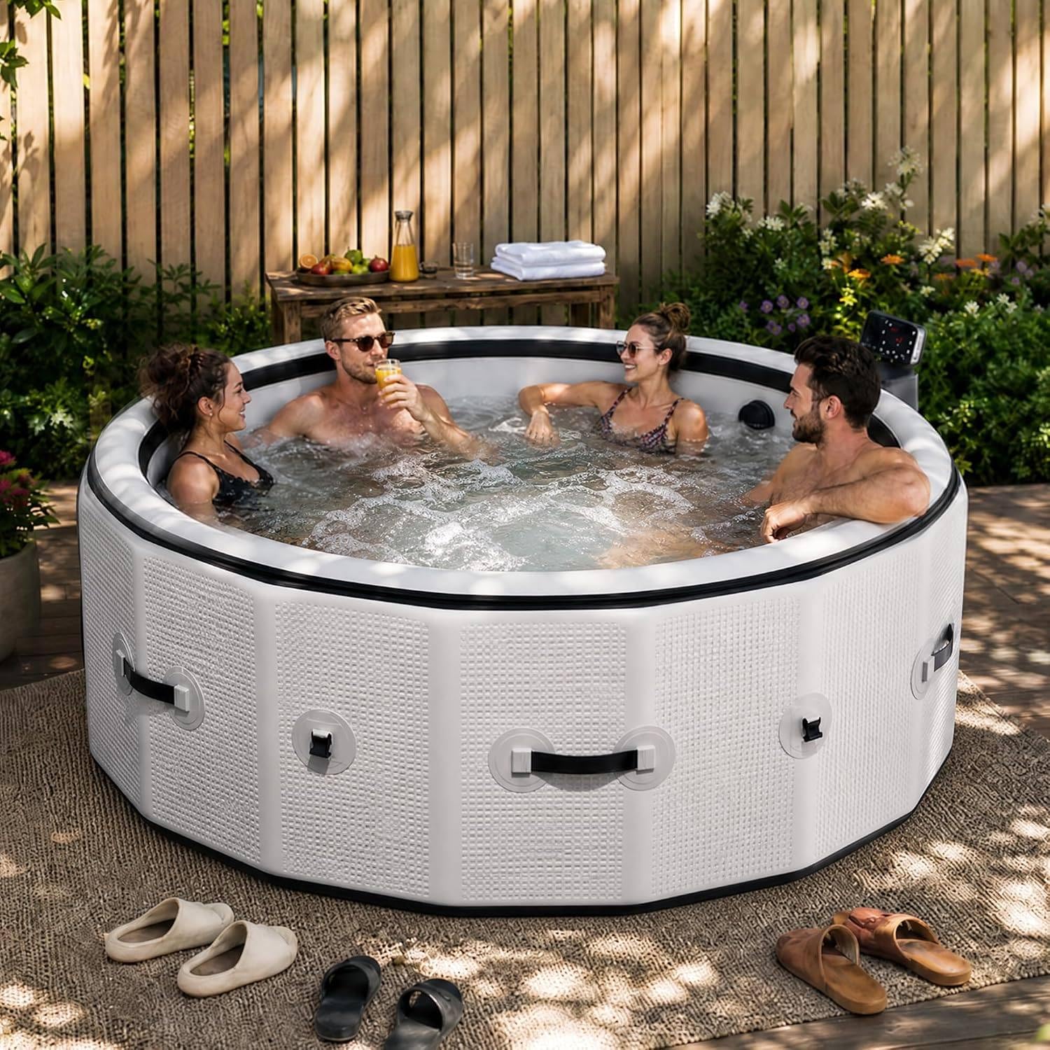 Piscina Spa Hinchable para 4–6 Personas con Hidromasaje y Calentador | 150 Chorros de Aire, Control Digital, Inflado Automático y Paredes Reforzadas para Relajarse Cómodamente en Casa o Jardín