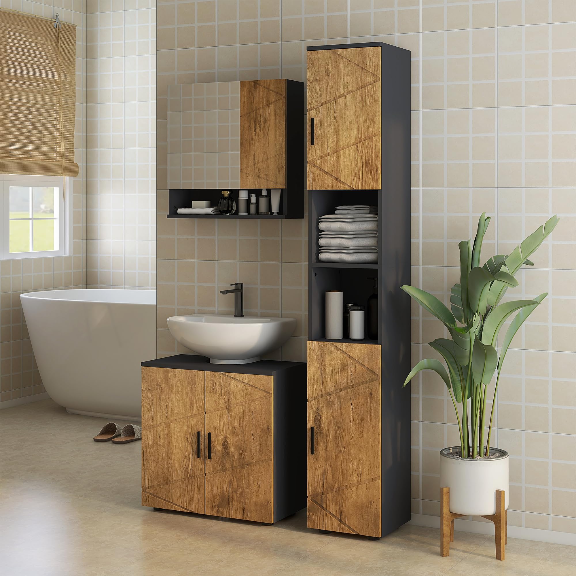 kleankin Badkamerkast, 2 kasten, 3 verstelbare planken, moderne stijl, 30 x 28 x 152,5 cm, wit