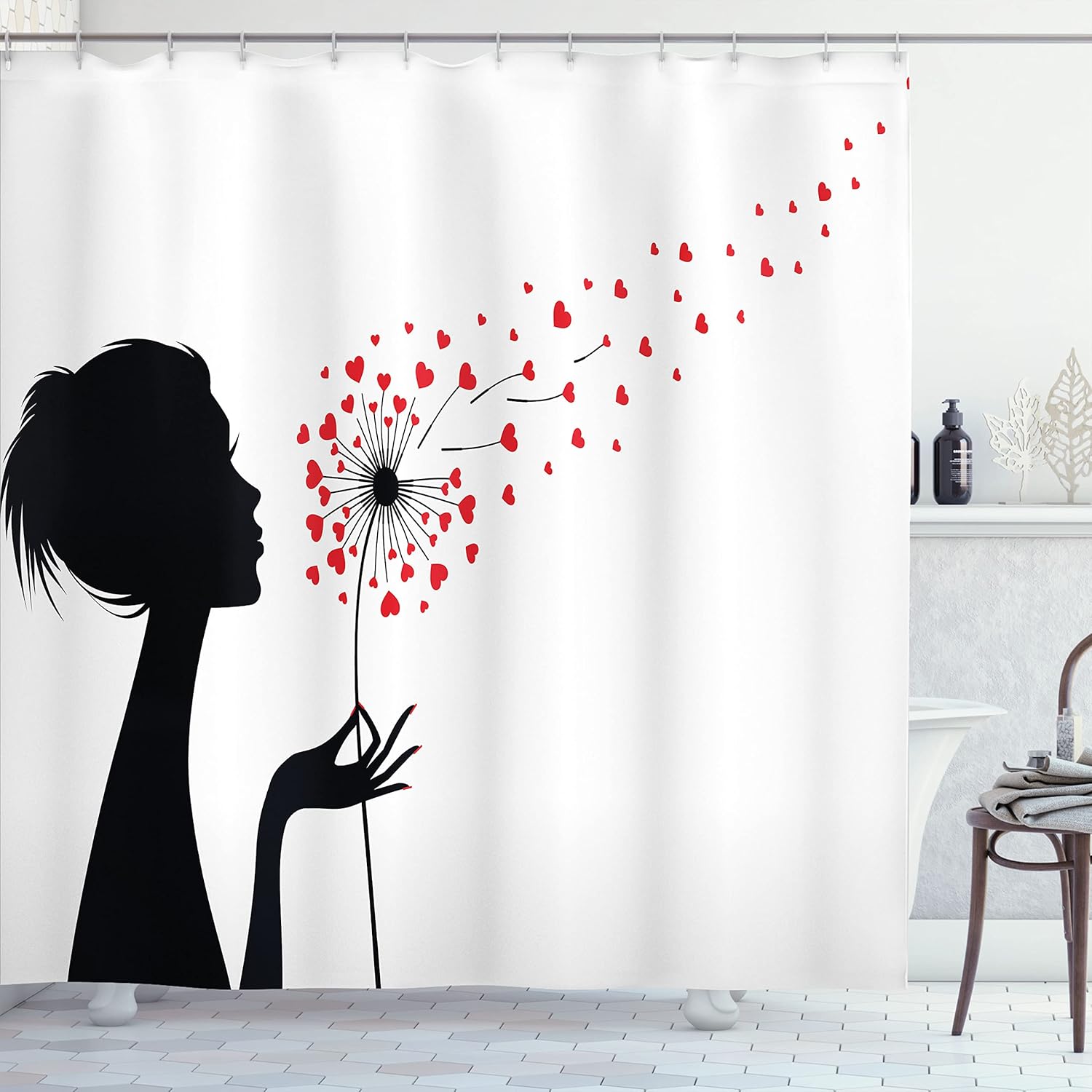 Ambesonne Dandelion Shower Curtain, Woman Silhouette Heart Flying Valentines Day Themed, Cloth Fabric Bathroom Decor Set with Hooks, 69" W x 70" L, Vermilion Black White
