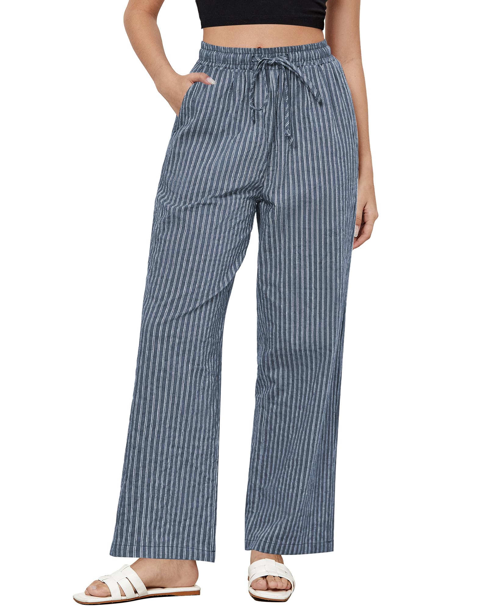 GRAPENT Striped Pants for Women High Waisted Wide Leg Cotton Linen Trendy Beach Pull On Elastic Waist Casual Flowy Pants