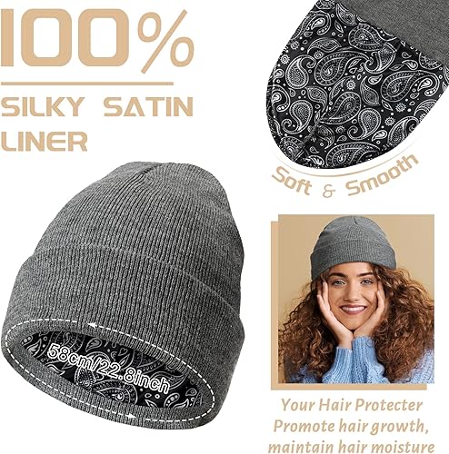 Miniatura 9 de Eurzom Gorro de invierno con forro de satén para invierno 3 unidades con puños cálidos lisos de satén para invierno con forro para hombres mujeres