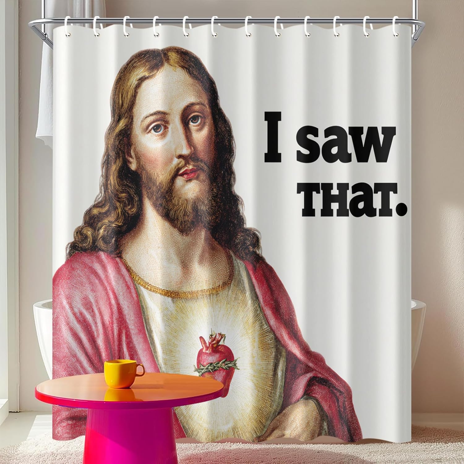 Jesus Sacred Heart Shower Curtain 72x72 Inch with Hooks Religious Christian Design Fabric Bathroom Decor with Sacred Heart and Quote for Faith Inspired Bathtub