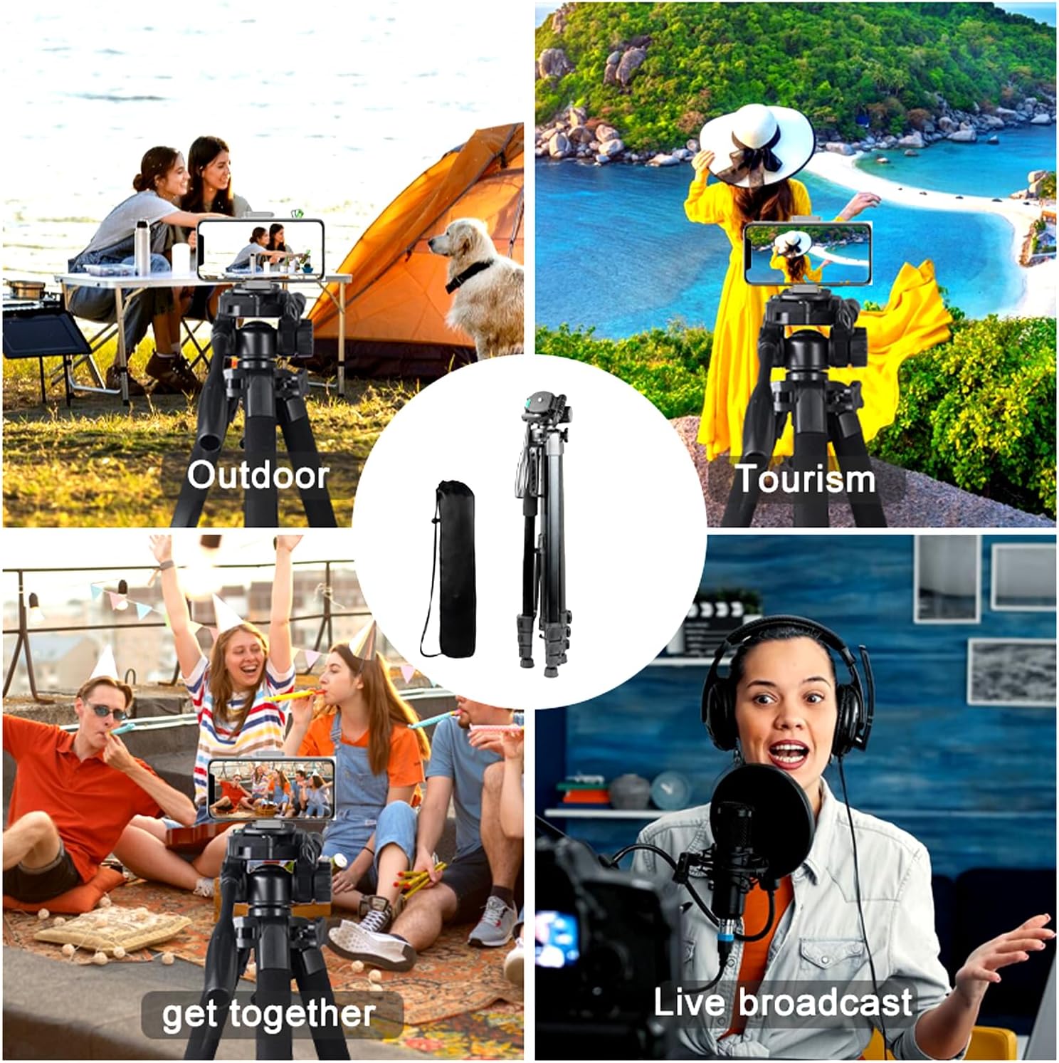 80" Aluminum Phone & Camera Tripod, Extendable Cell Phone Tripod Stand Compatible with iPhone/Android/Action Camera is Perfect for Live Streaming/Video Recording/Selfies