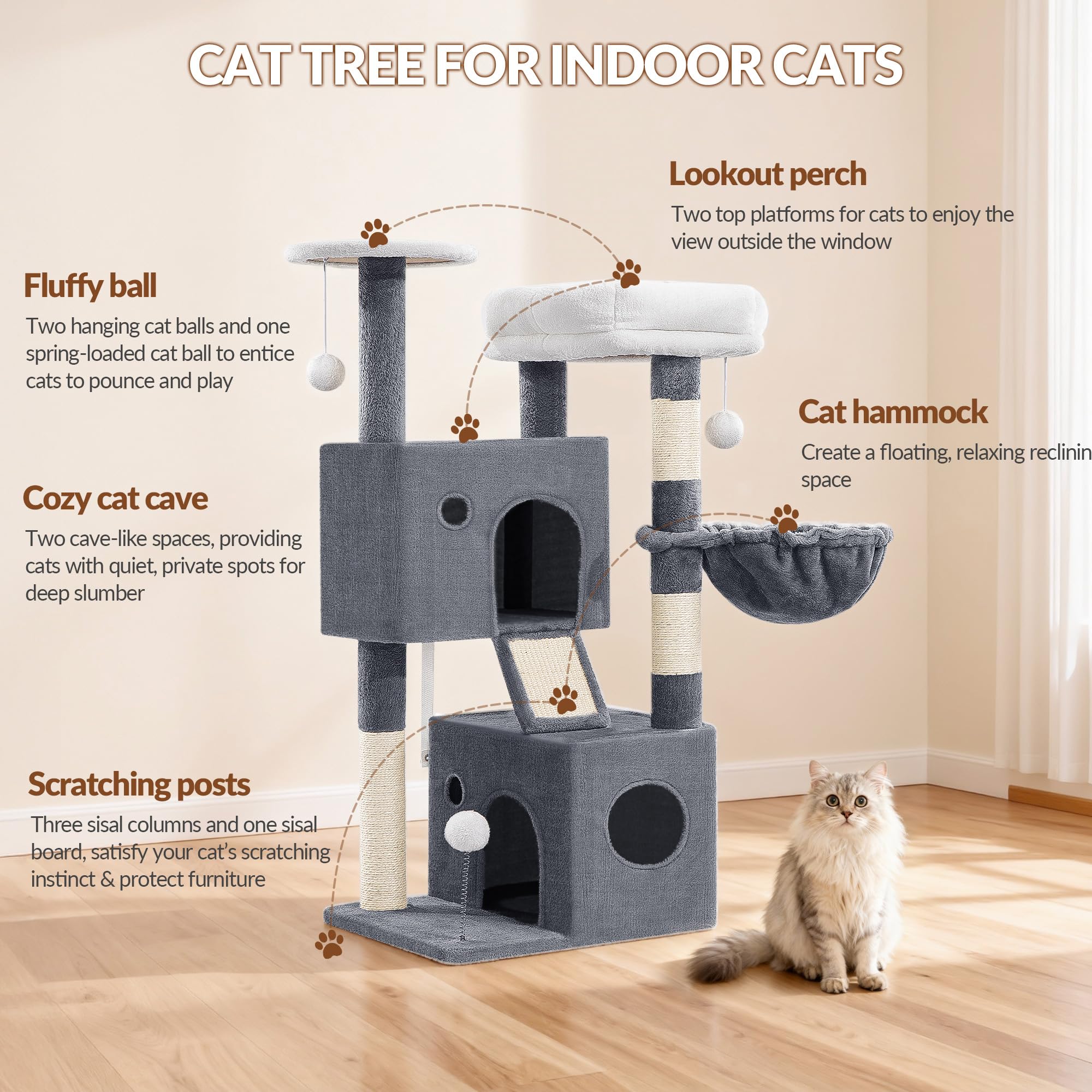 Kratzbaum für Indoor-Katzen, mehrstufiger Kletterturm mit Höhlen, Hängematte, Kratzbäume, interaktives Spielzeug, abnehmbares Kissen, 108 cm Höhe, Hellgrau
