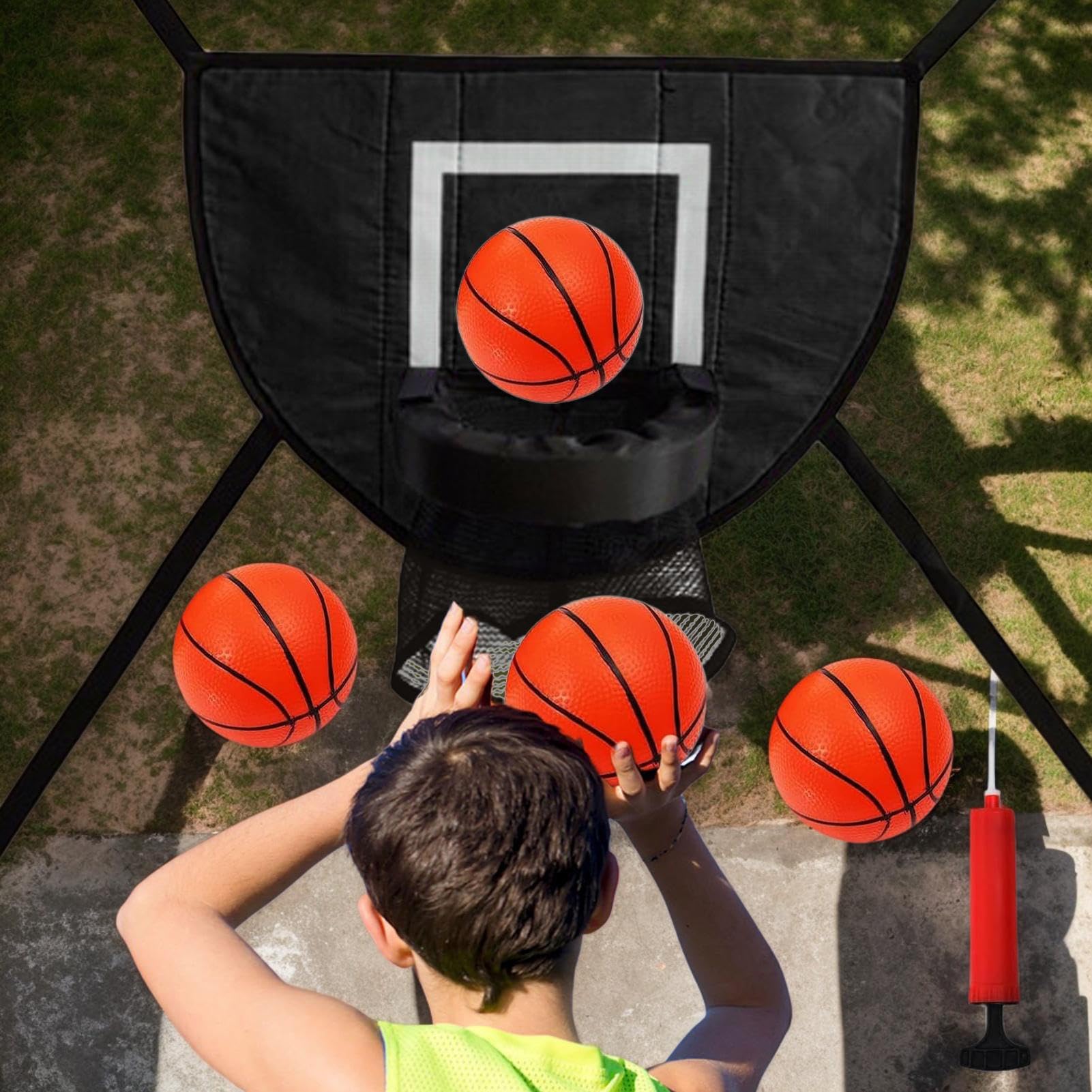 Wouqinen Trampoline Basketball Hoop Attachment, Basketball Hoop Goal for Trampoline Accessories Outdoor, Soft Basketball Hoop Frame with 4 Balls and Pump for Backyard Garden Lawn Gym