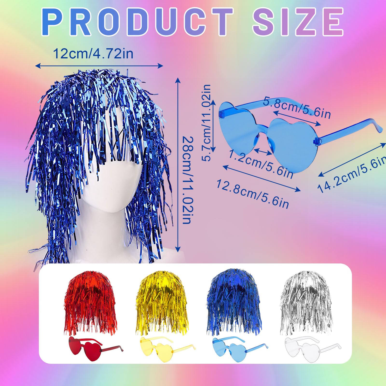 YAUOIPI 8 Pcs Foil Tinsel Wig and Sunglasses Set,Foil Strands Foil Shiny Party Wig,Cosplay Wigs for Fancy Dress,for Adults Men Women Cosplay Christmas Halloween Photo Props (8 PCS) - Image 2