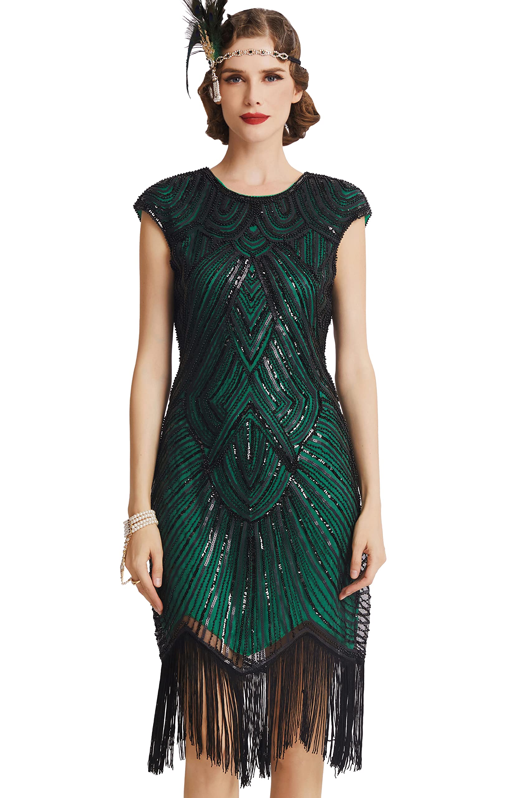 BABEYOND Women's Flapper Dresses 1920s Beaded Fringed Great Gatsby Dress (Green, L)