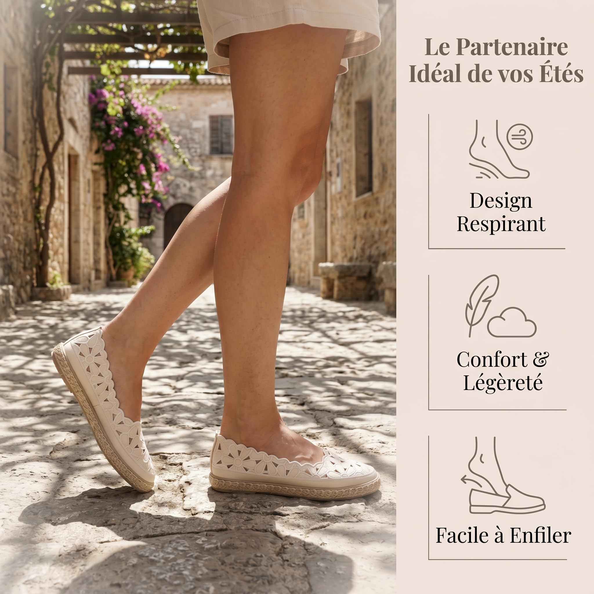 GLAMORA Espadrilles Femme Ballerines Dentelle Chaussures Plates Slip on Respirantes Semelle Synthétique Antidérapante Maille Ajourée Broderie Fleur Semelle Souple