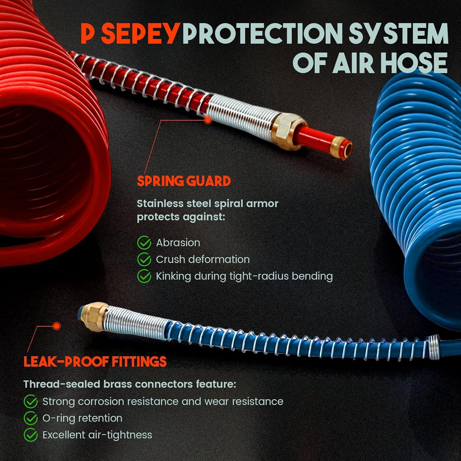 15FT Coiled Air Brake Hoses Longtail Assembly for Semi Truck Tractor Trailer, Blue Service and Red Emergency Air Brake Lines, 1/2" NPT Fittings（15' Length x 40" Tractor Lead）