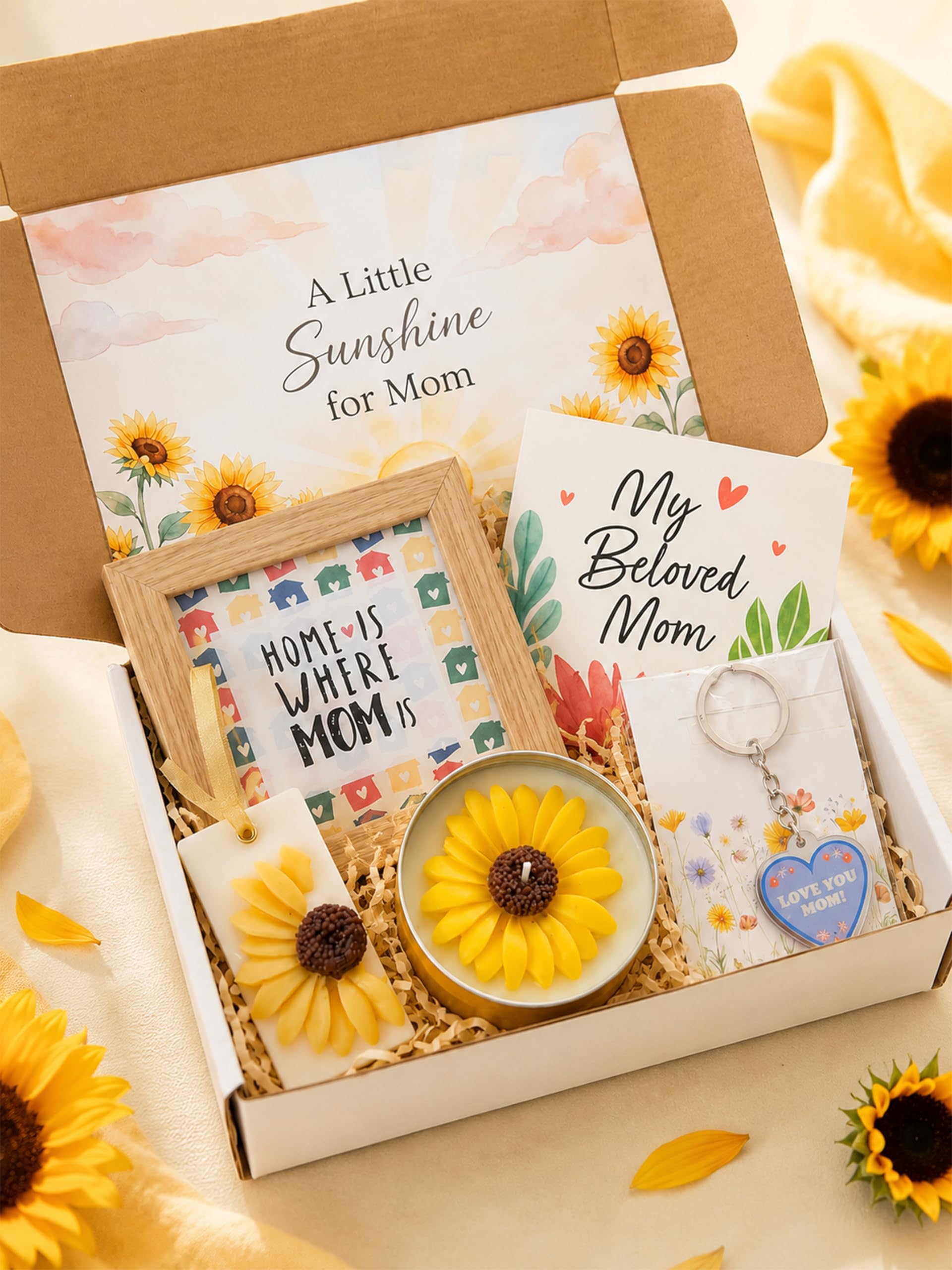 Mother’s Day Sunflower Gift Box | 5 Piece Set with Scented Candle, Wax Sachet, Wooden Frame, Keychain, and Greeting Card | Handmade Gift Hamper | Birthday, Anniversary, Gift for Mom-picture-18