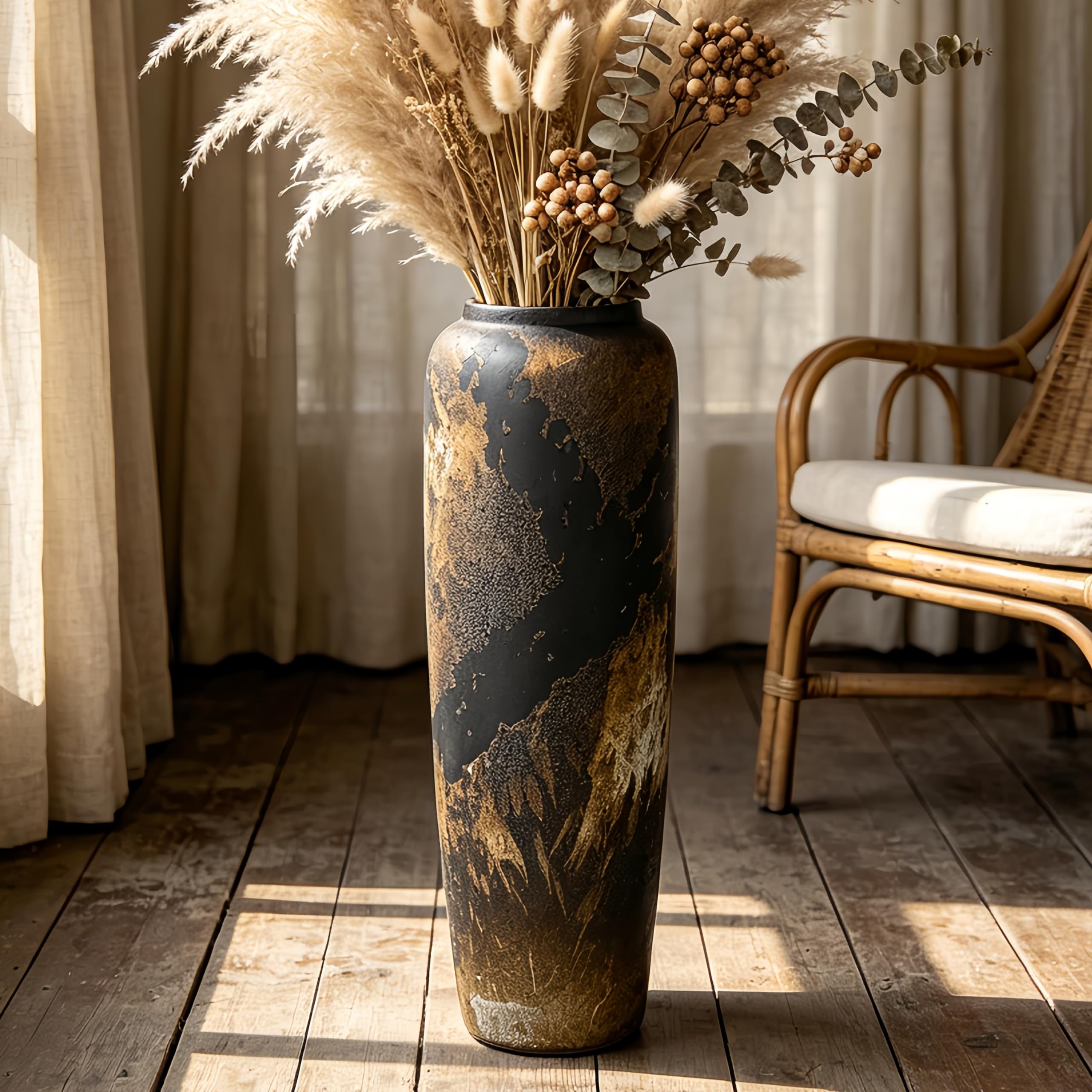 Vintage Keramik Schwarz Bodenvase, 60cm, Rustikaler Boho Stil für Pampasgras, Blumen oder Dekor, Perfekt für Wohnzimmer, Eingang oder Tisch