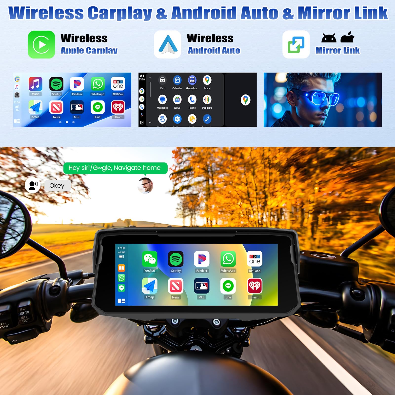 [2026] CAMECHO Wireless Carplay Pantalla de Motocicleta de 6.86 Pulgadas con Android Car IP68 Resistente al Agua, Navegador de Pantalla Táctil con Bluetooth Airplay Android Cast EQ Sound + 1280*480 HD