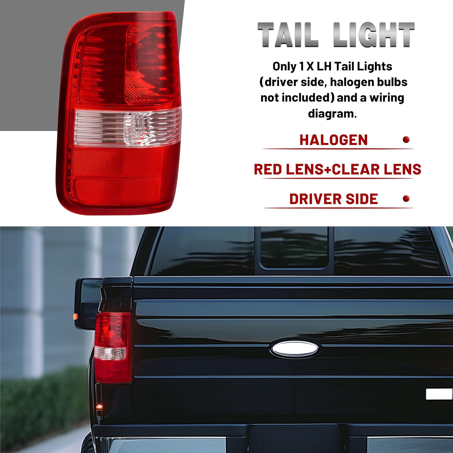 HECASA Left Driver Side Halogen Tail Light Compatible with 2004-2008 Ford F-150 [Styleside Model ONLY], Rear Taillight Brake Lamp, Red Clear Lens, Replacement for FO2800182 5L3Z13405CA 6L3Z13405BA