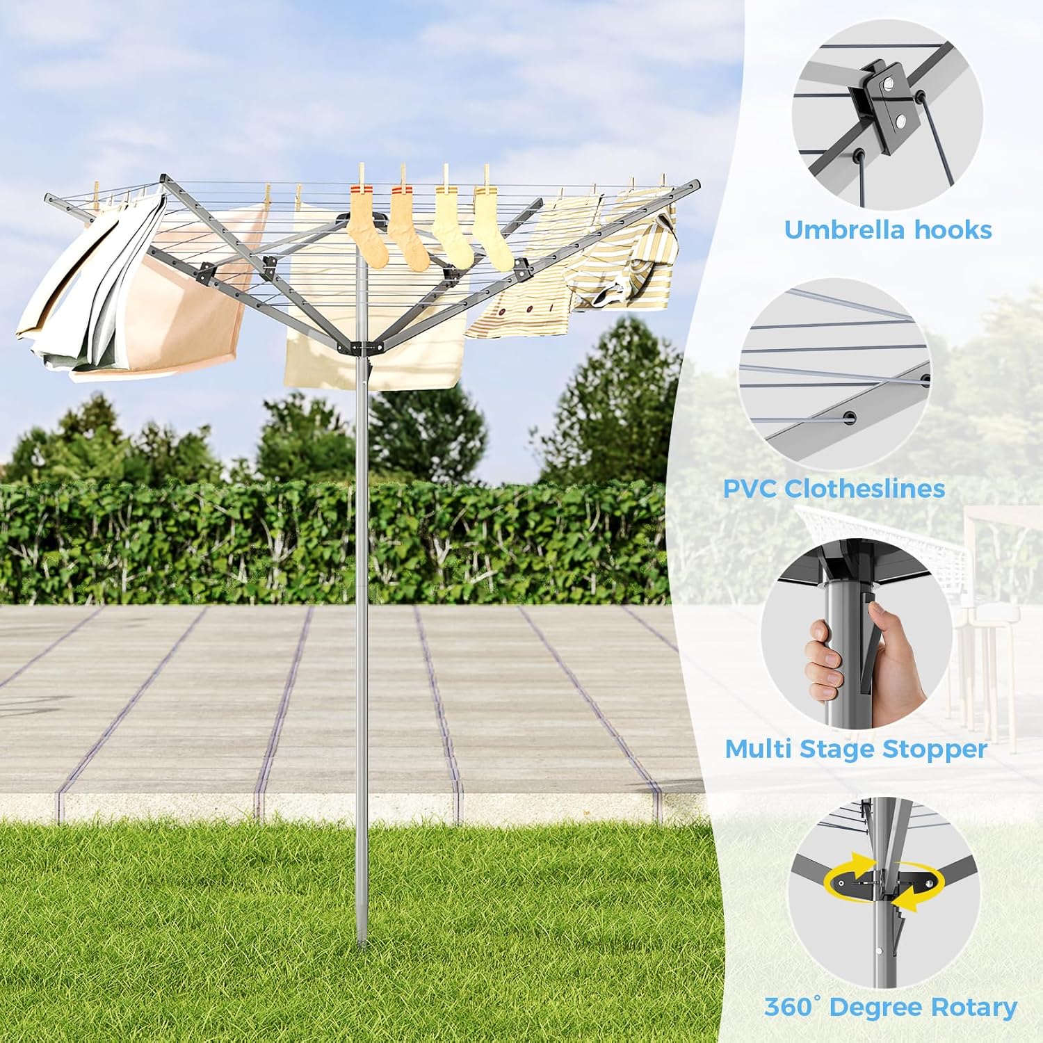 APEXCHASER Outdoor Umbrella Drying Rack, 4-arm Umbrella Clothesline for Laundry, 12 Lines with 131ft Drying Space, Collapsible Clothes Drying Rack for Backyard