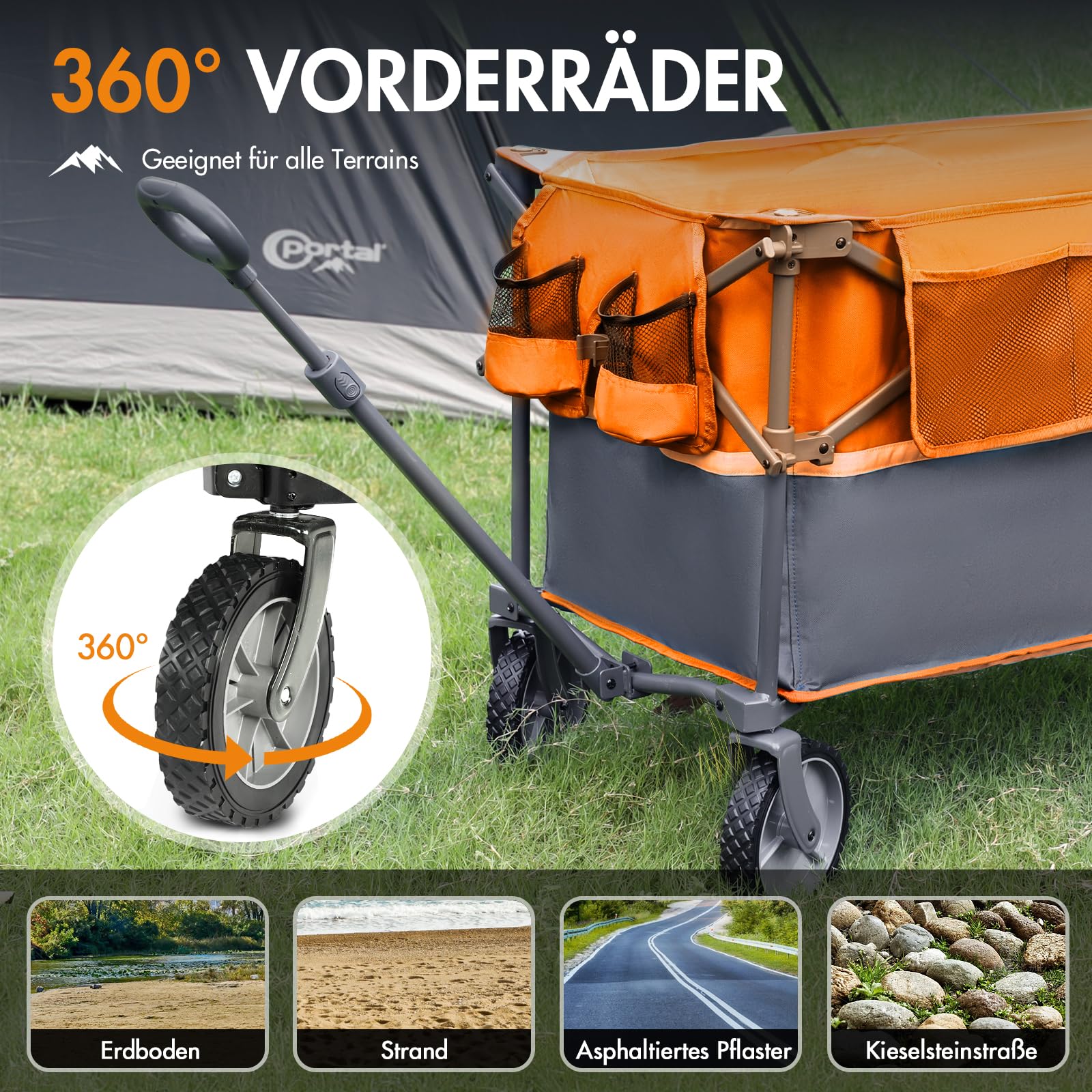 PORTAL Bollerwagen faltbar 300L XXL Große Ladefläche 120KG belastbar Handwagen mit Getränkehalter Seitentasche Transportwagen Leiterwagen klappbar Strandwagen Faltwagen für Garten Camping Festival