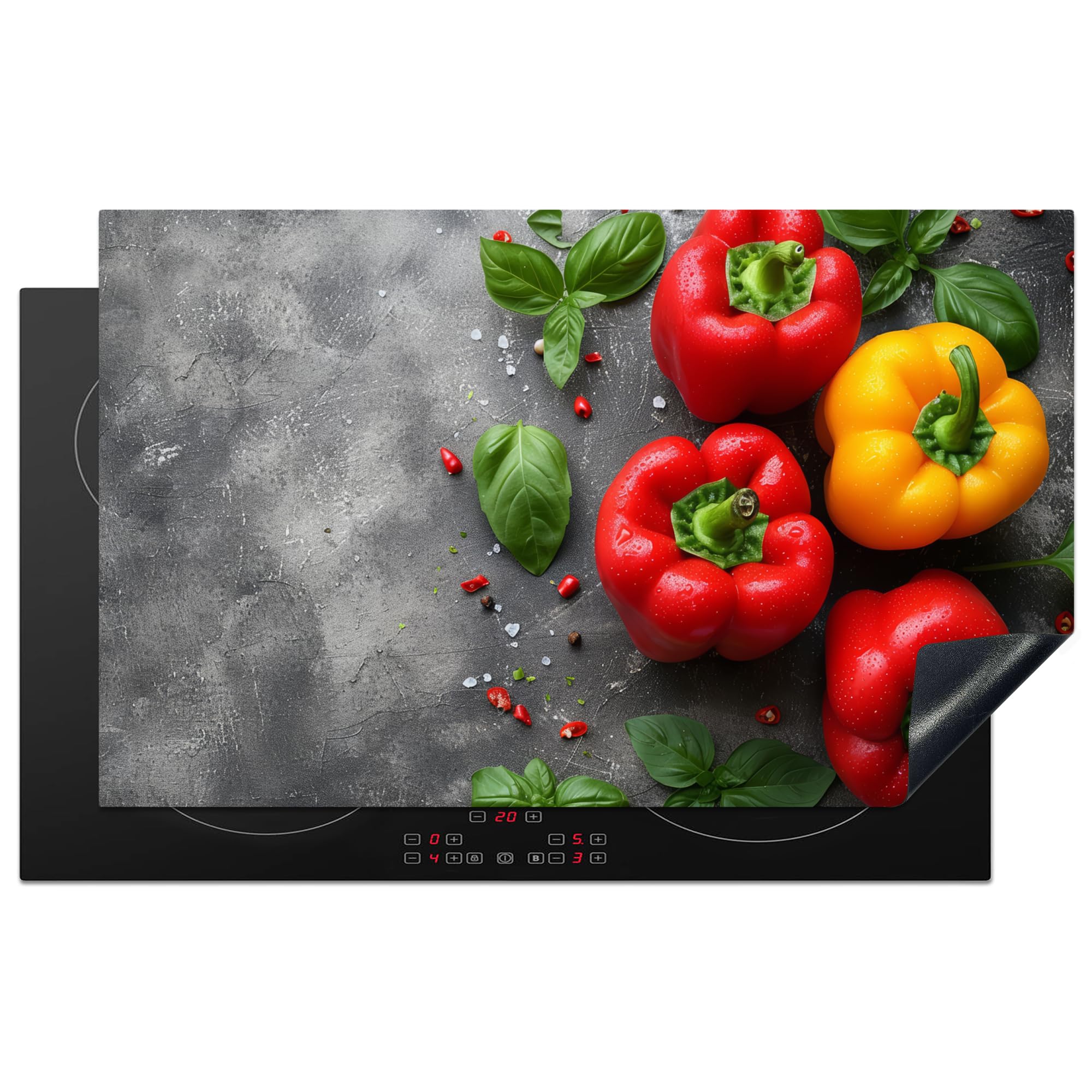 KitchenYeah© Induction Hob Protector Mat 20.5"x33.5" / 85x52 cm Cooker Top Protectors Cover Ceramic Covers Electric Hobs Vinyl Sweet Pepper - Concrete - Vegetable - Leaves