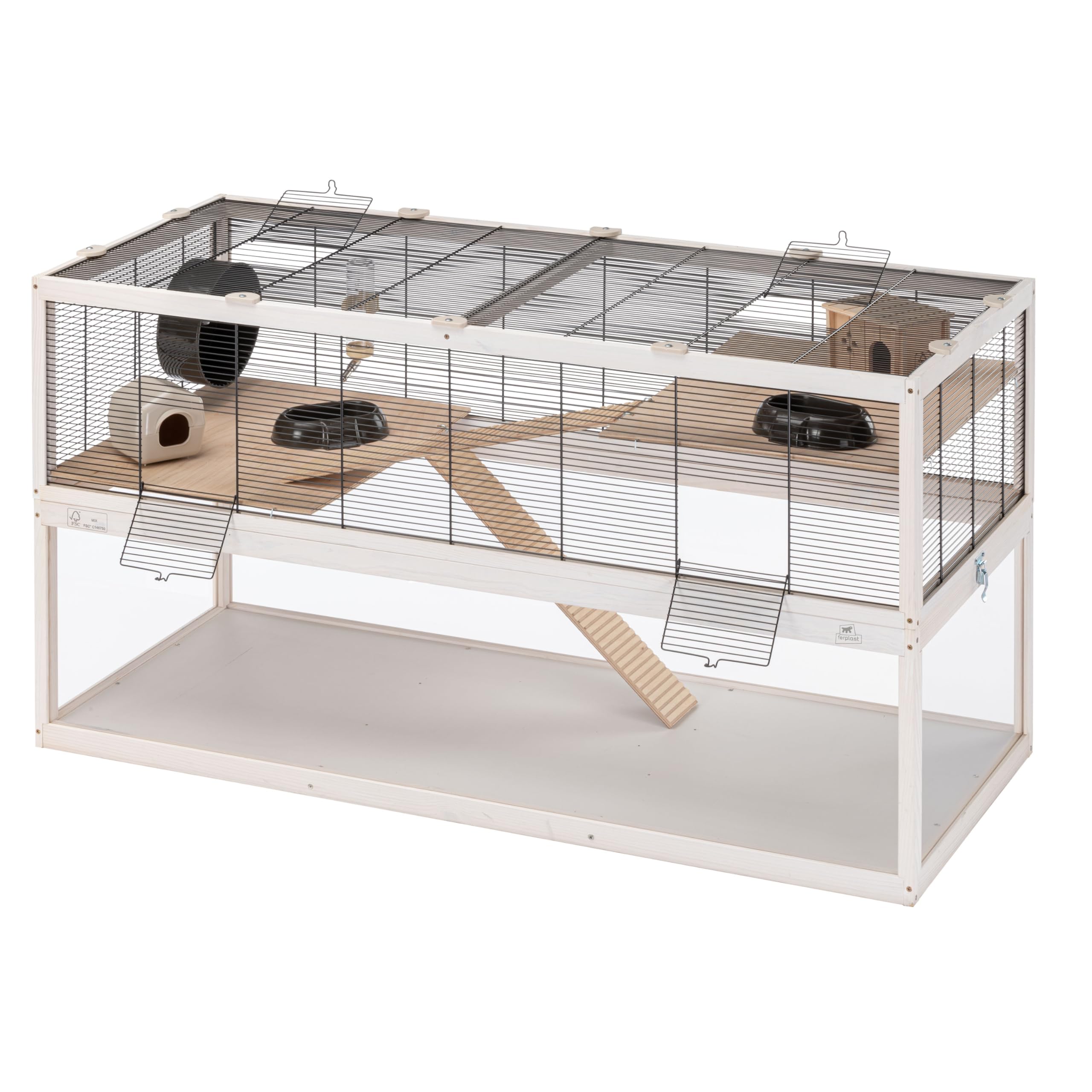Ferplast Cage Hamster DOMSTER, Cage Souris, 3 Niveaux, avec Accessoires, Plateformes et Échelles, Grillage Métallique et Bois FSC, Base Transparente, Cage pour Hamster en Bois, 120 x 50 x h 66,5 cm