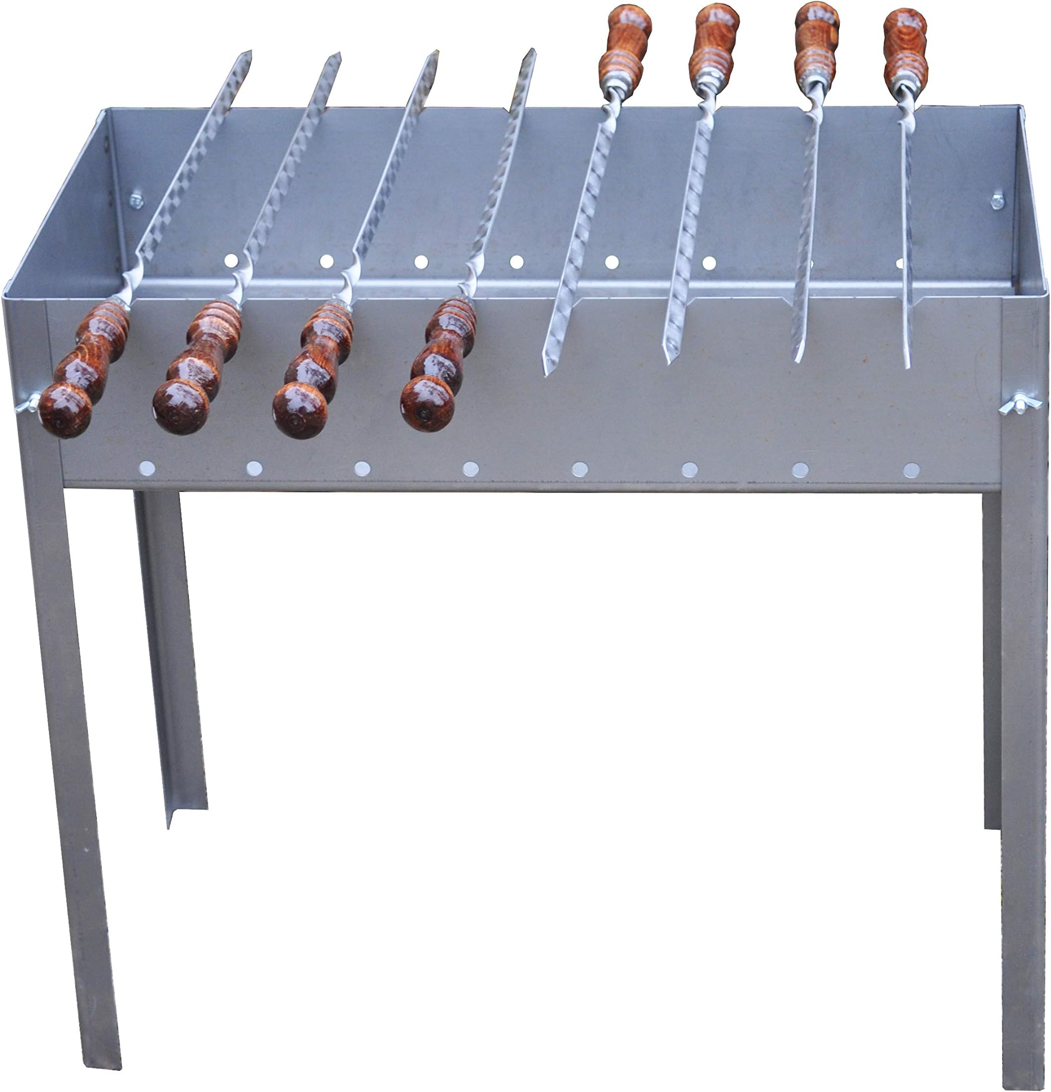 Barbecue Kit - Large Model - Mangal Russian&Caucasus with 8 Heart Shaped Metal Scewers with Wooden Handle - 1 Plastic Accessory for Fuel the Fire