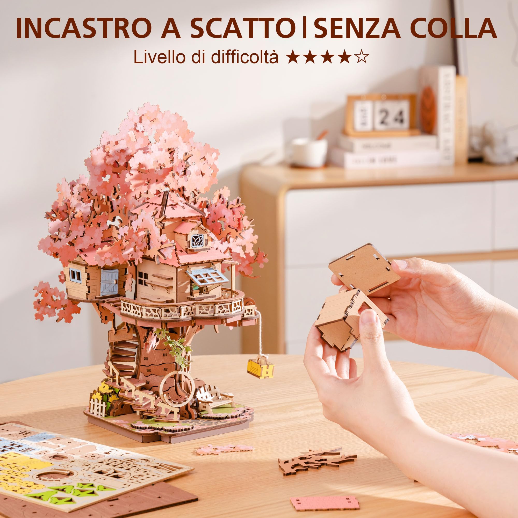 Rolife Puzzle 3D Casa Sakura sull'Albero, Puzzle Legno per Adulti 535 Pezzi, Kit per Costruire Modellini da Costruire a Fissaggio Snap-Fit, Decorazione con Fiori di Sakura Luccicanti
