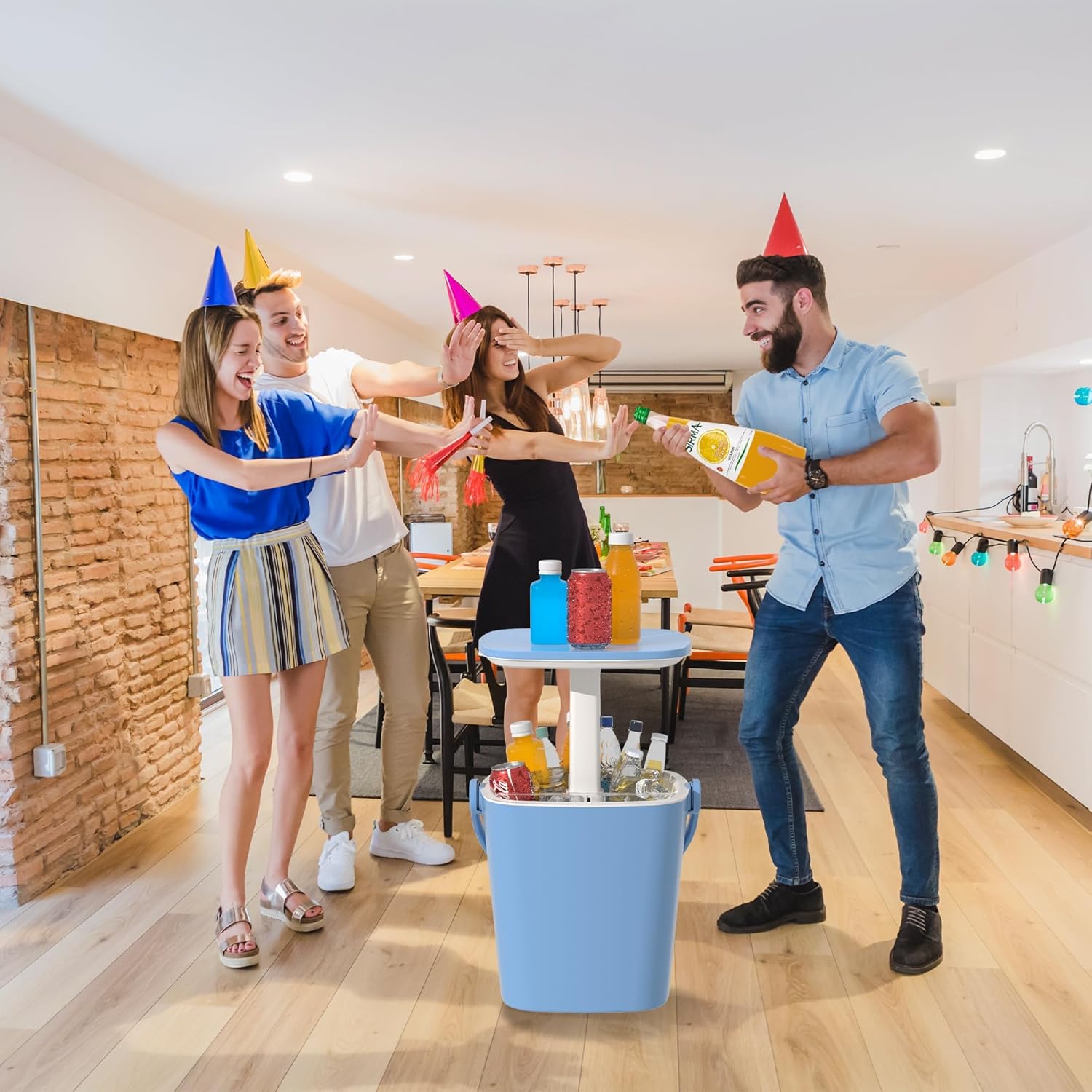 Outdoor Cool Bar Table Portable Cooler Side Table with Handle, Bottle Opener & Lift Top Lid,3-in-1 Cocktail Coffee Table Sturdy,Waterproof & UV Resistant Indoor Outdoor Use(Blue)