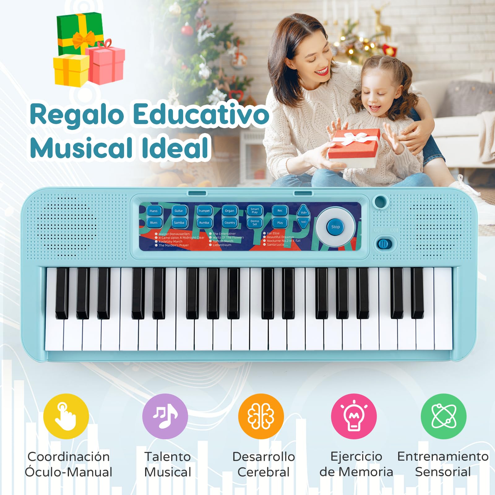 RELAX4LIFE Piano Infantil 37 Teclas con Micrófono, Taburete, Atril, Grabación y Reproducción, Volumen Ajustable, Karaoke Infantil con 22 Canciones, 4 Ritmos, 4 Instrumentos para Niños 3+ Años (Azul)
