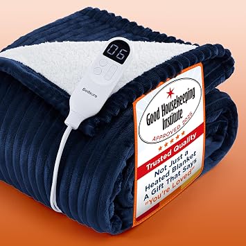 Bedsure Electric Blanket Heated Throw - Ribbed Flannel 130x160cm, Blue