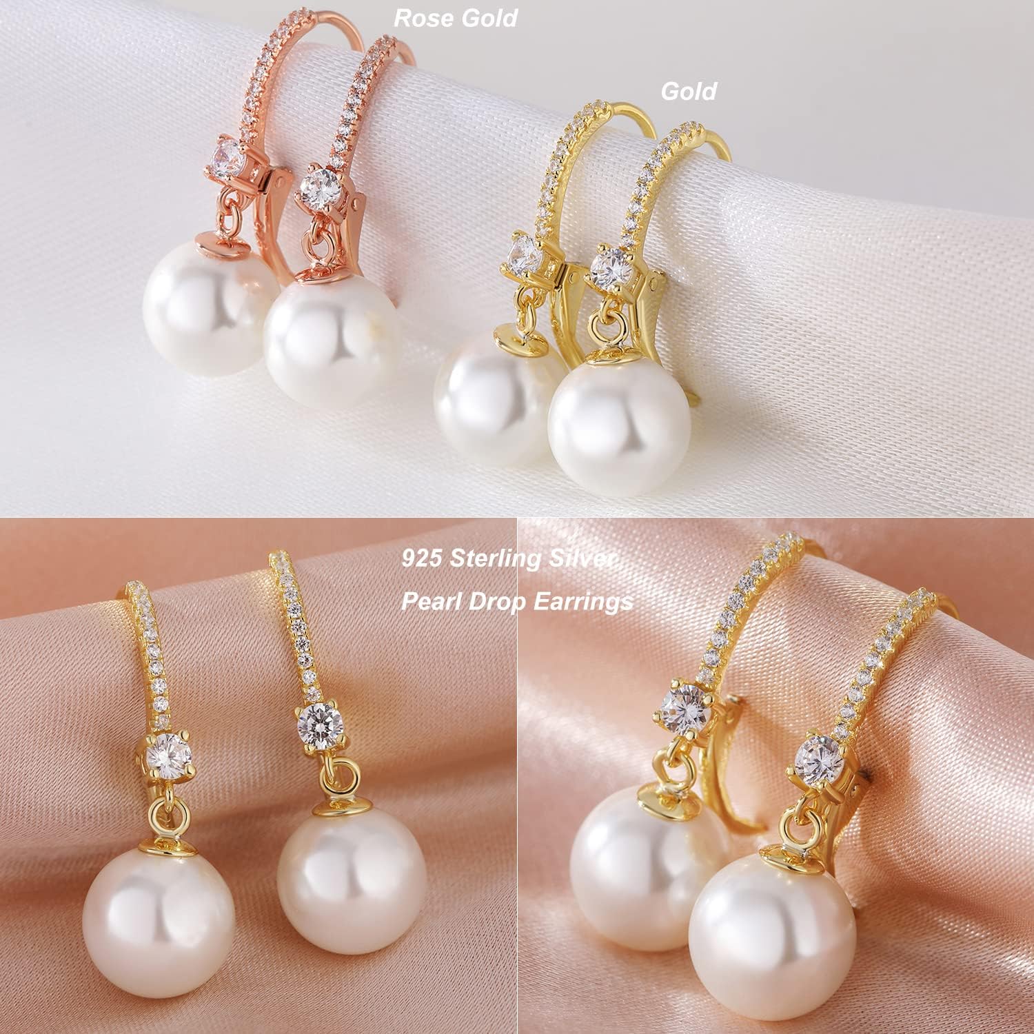 18k White Gold Plated Pearl and Diamond Earrings 925 Sterling Silver Pearl Earrings Fine Jewelry for Women
