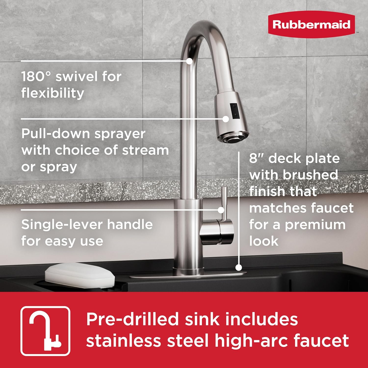Rubbermaid Utility Sink Laundry Tub, Freestanding Laundry Sink with Premium Stainless Steel Sprayer Faucet, for Laundry Room, Basement, Garage, 24.1" L x 24.1" W x 52.5" H, Black