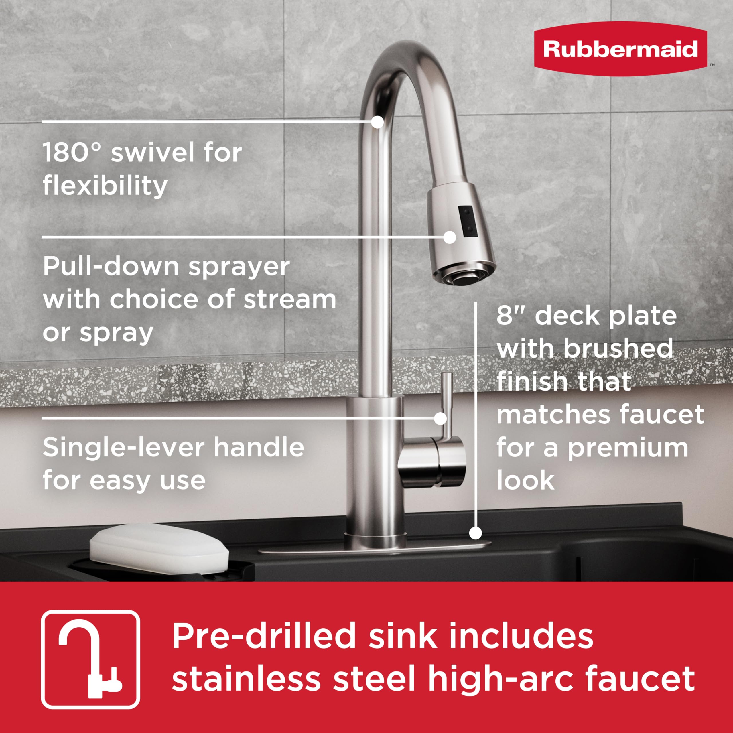 Rubbermaid Fregadero utilitario, fregadero independiente con grifo rociador de acero inoxidable de alta calidad, para lavandería, sótano, garaje, 24 pulgadas de largo x 24 pulgadas de ancho x 52.5