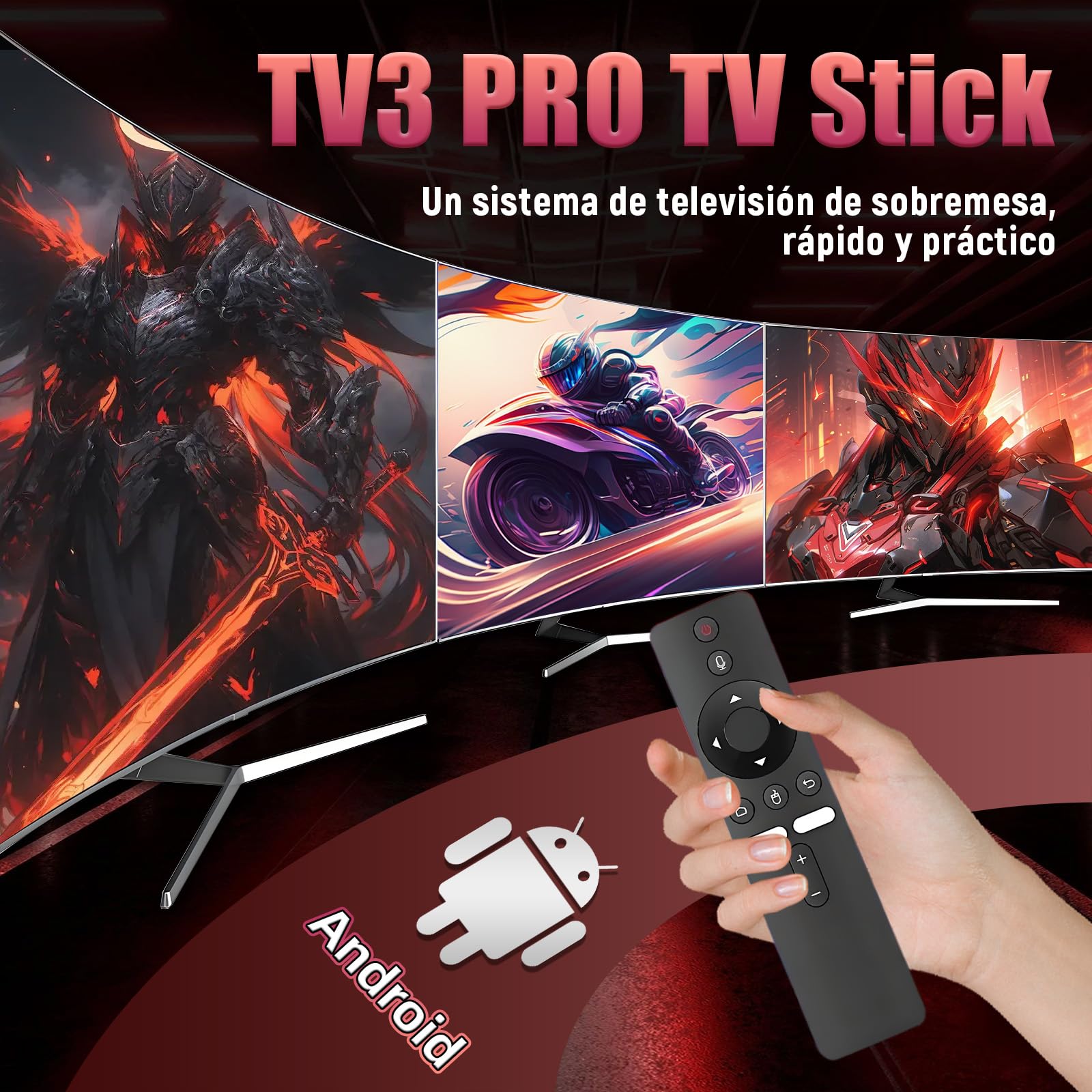 TV3 Pro Android 16.0 TV Stick, Stick Inteligente 4K HD para TV, H313 Quad-Core, WiFi 2.4GHz + 5GHz, Mando a Distancia por Voz Bluetooth, Dispositivo de TV por Internet Android para Hogar/Viajes