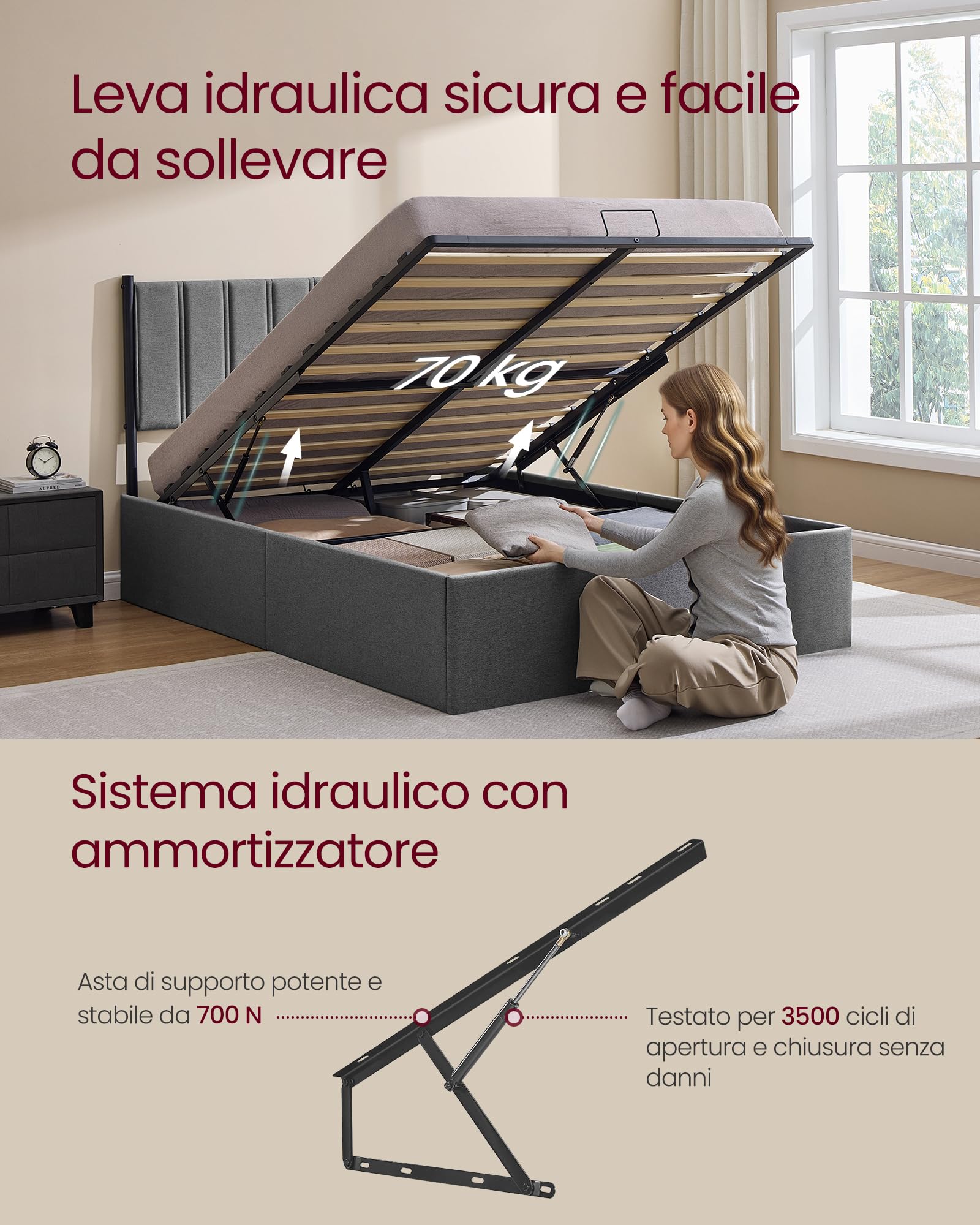 VASAGLE Struttura Letto, 140 x 200 cm, Letto Sollevabile con Contenitore, Testiera, Sollevamento Idraulico, Moderno e Semplice, Montaggio Facile, Grigio Scuro RMB614G02