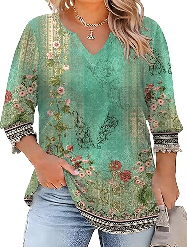 Rapbin Womens Plus Size Tops 3/4 Sleeve Blouses Shirts Casual V Neck Loose Tunic Tops 1X-5X