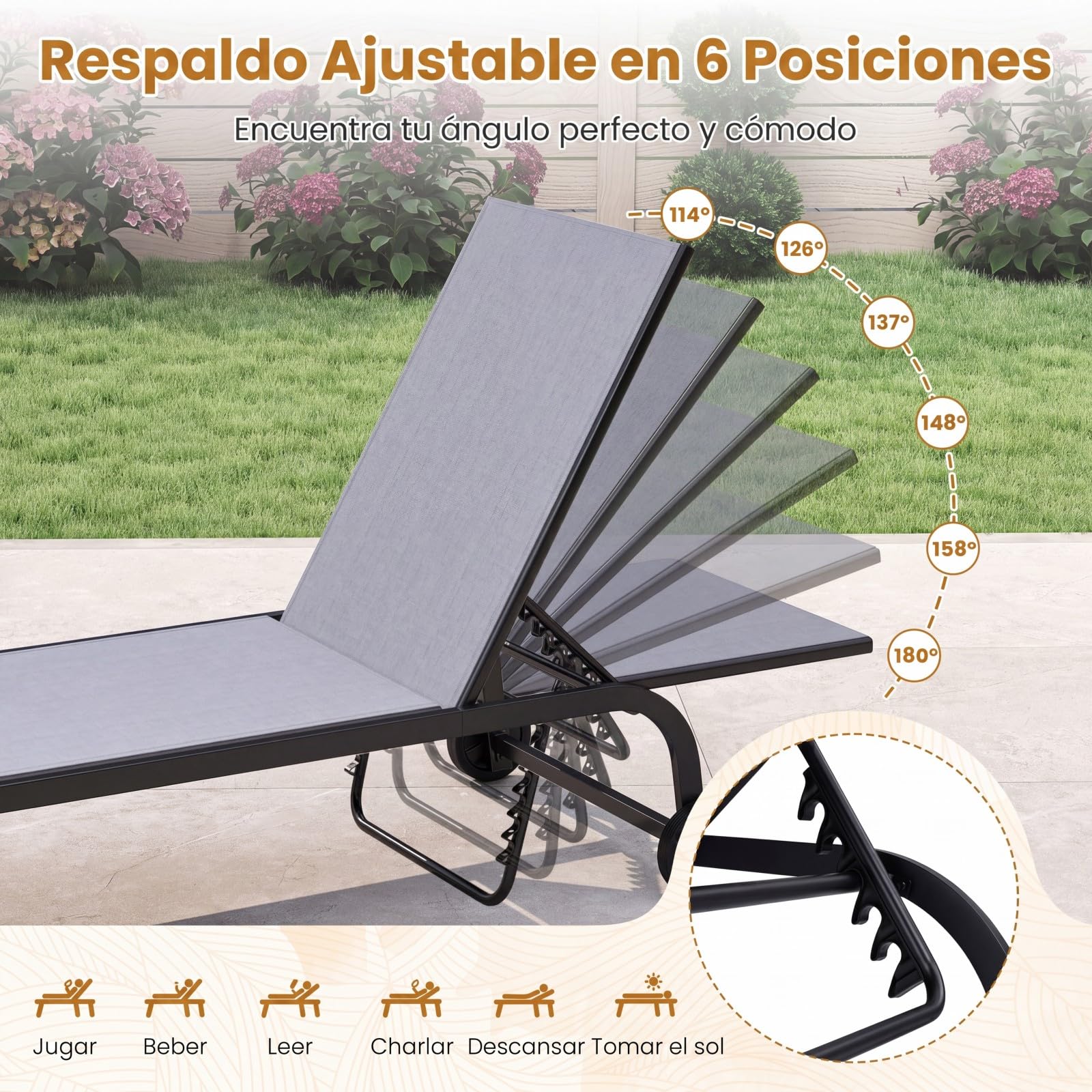COSTWAY 2 Tumbonas Jardín Exterior con Ruedas, Textilene (Gris,2) | Tumbona Reclinable con Respaldo Ajustable en 6 Posiciones, Espreguiçadeira Jardim Terraza Picina Playa, Carga 150 kg