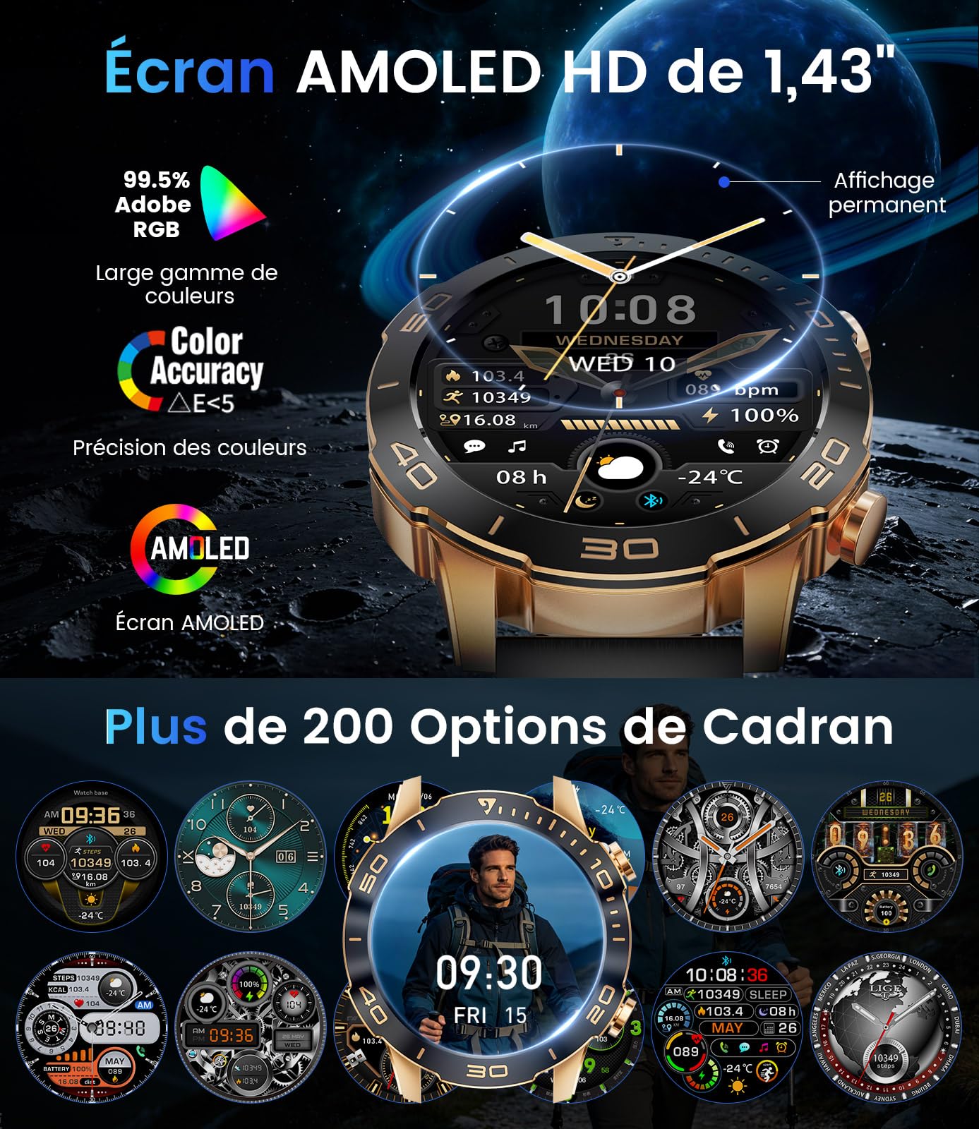 LIGE Montre Connectée Homme. 1.43" HD 800mAh Compatible Android/iOS | Écran HD AMOLED, Batterie Haute Capacité, 170+ Sports, étanchéité IP68, Appels Bluetooth, Santé 24/7, 2 bracelets