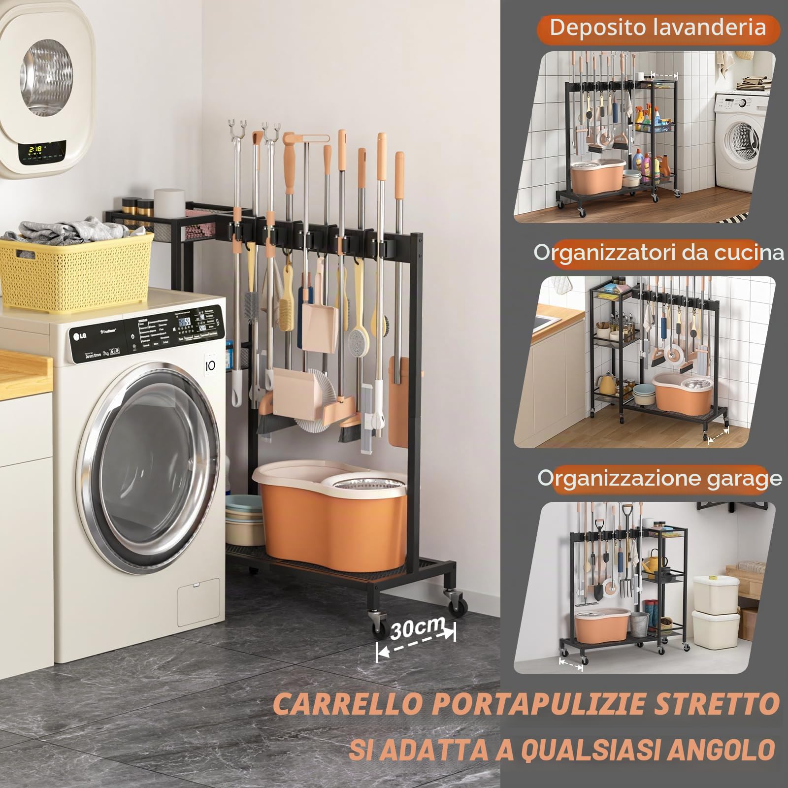 Porta Scope e Organizzatore per Prodotti di Pulizia – Soluzioni di Stoccaggio per Lavanderia e Ripostiglio con Supporto per Attrezzi, Porta Spazzole, Ganci, Griglie per Mop, Carrello per Pulizie