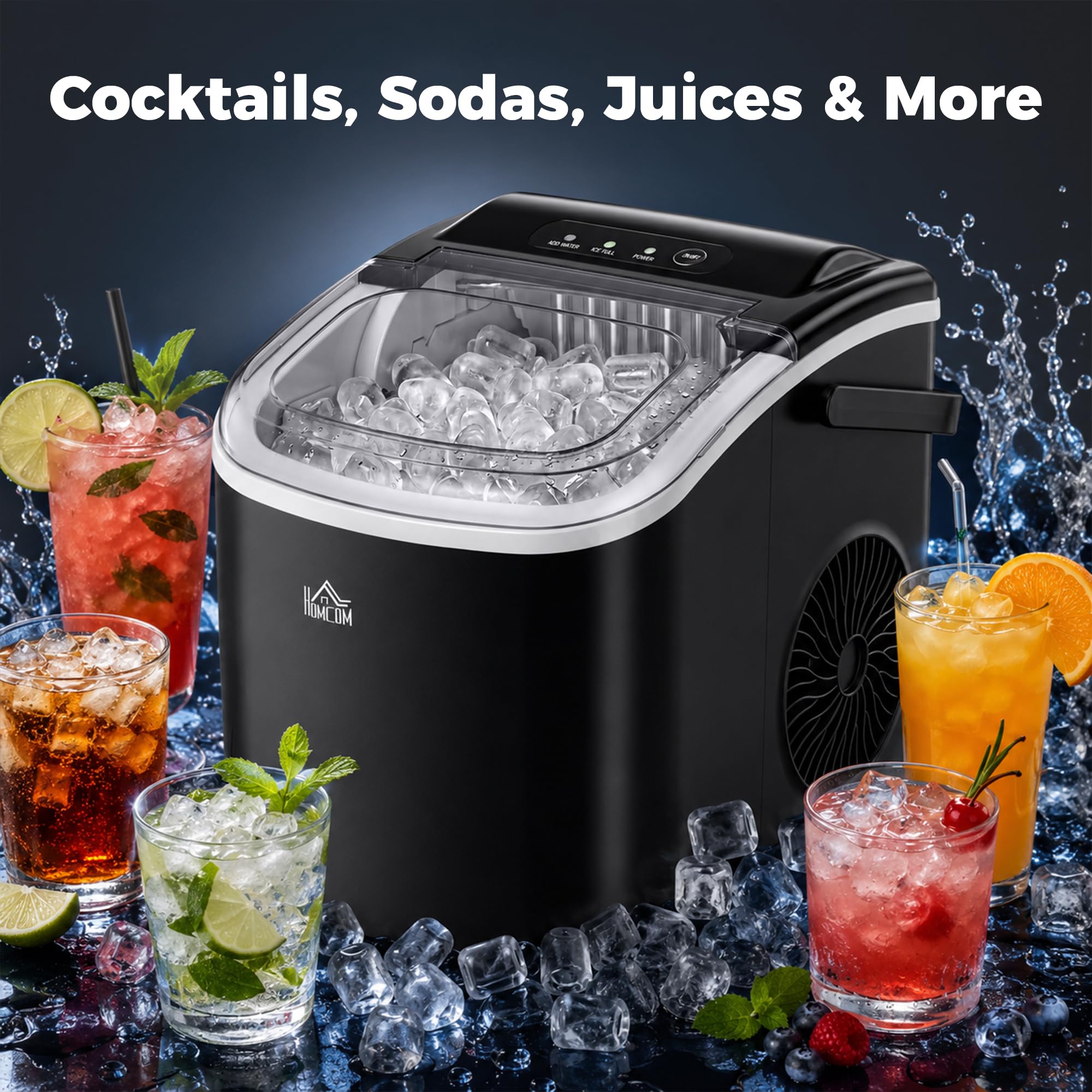 HOMCOM Eiswürfelmaschine, 12 kg/24h, 9 Eiswürfel in 6-12 Minuten, Selbstreinigender Eiswürfelbereiter mit Griff, Eisschaufel und Korb Ice Maker für Küche, RV, Camping