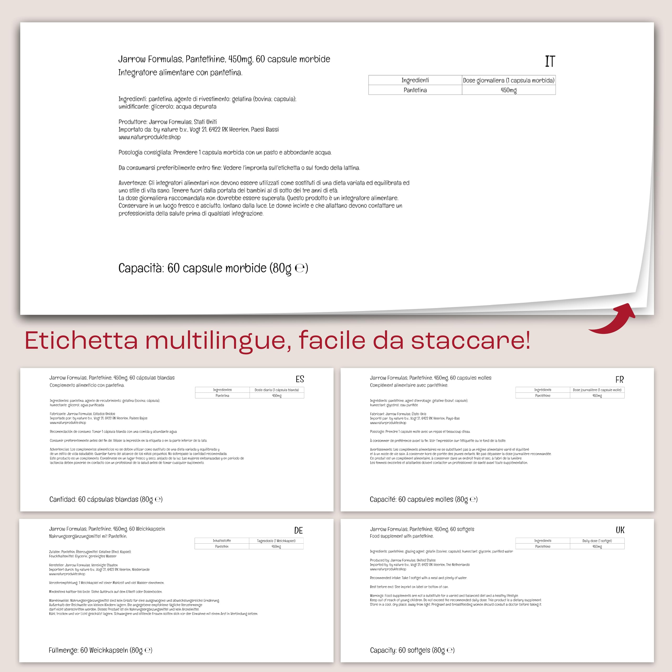 Jarrow Formulas, Pantethine, 450mg, Vitamina B5 Attiva, 60 Capsule morbide, Testato in Laboratorio, Senza Glutine, Senza Soia, Non OGM