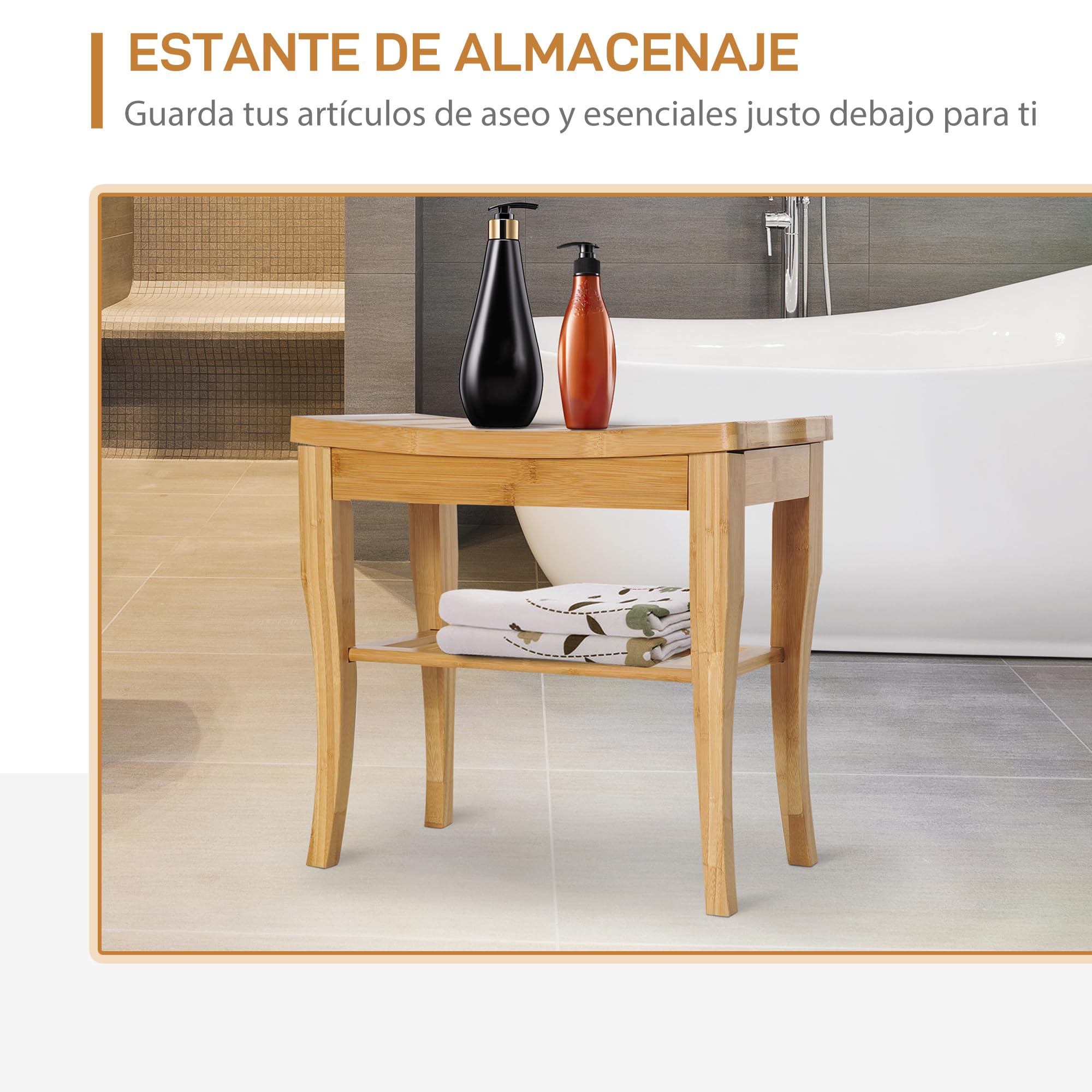 HOMCOM Taburete de Baño de Bambú con Estante de Almacenamiento Banco de Baño Antideslizante Impermeable y Robusta Taburete de Ducha para Hogar Salón Dormitorio SPA 47,5x26x44,5 cm Natural