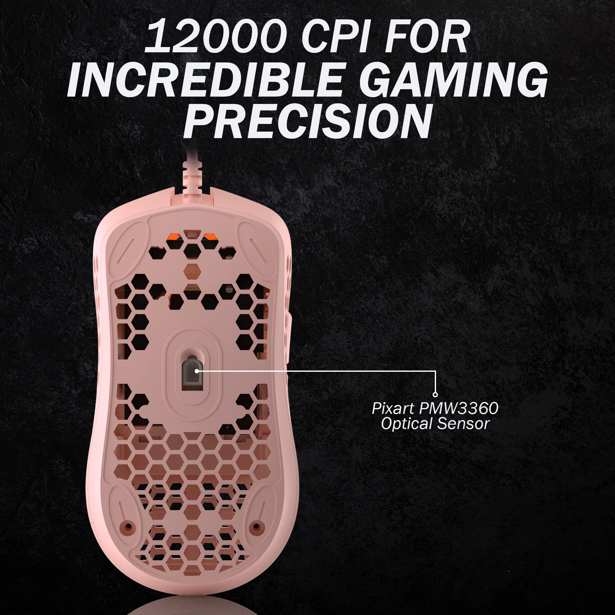 HK Gaming Ratón Mira S ultraligero para videojuegos RGB | Carcasa de panal 61 gramos Máx. 12000 cpi Cable USB 6 botones programables Memoria integrada Empuñaduras antideslizantes Mira-S cuarzo