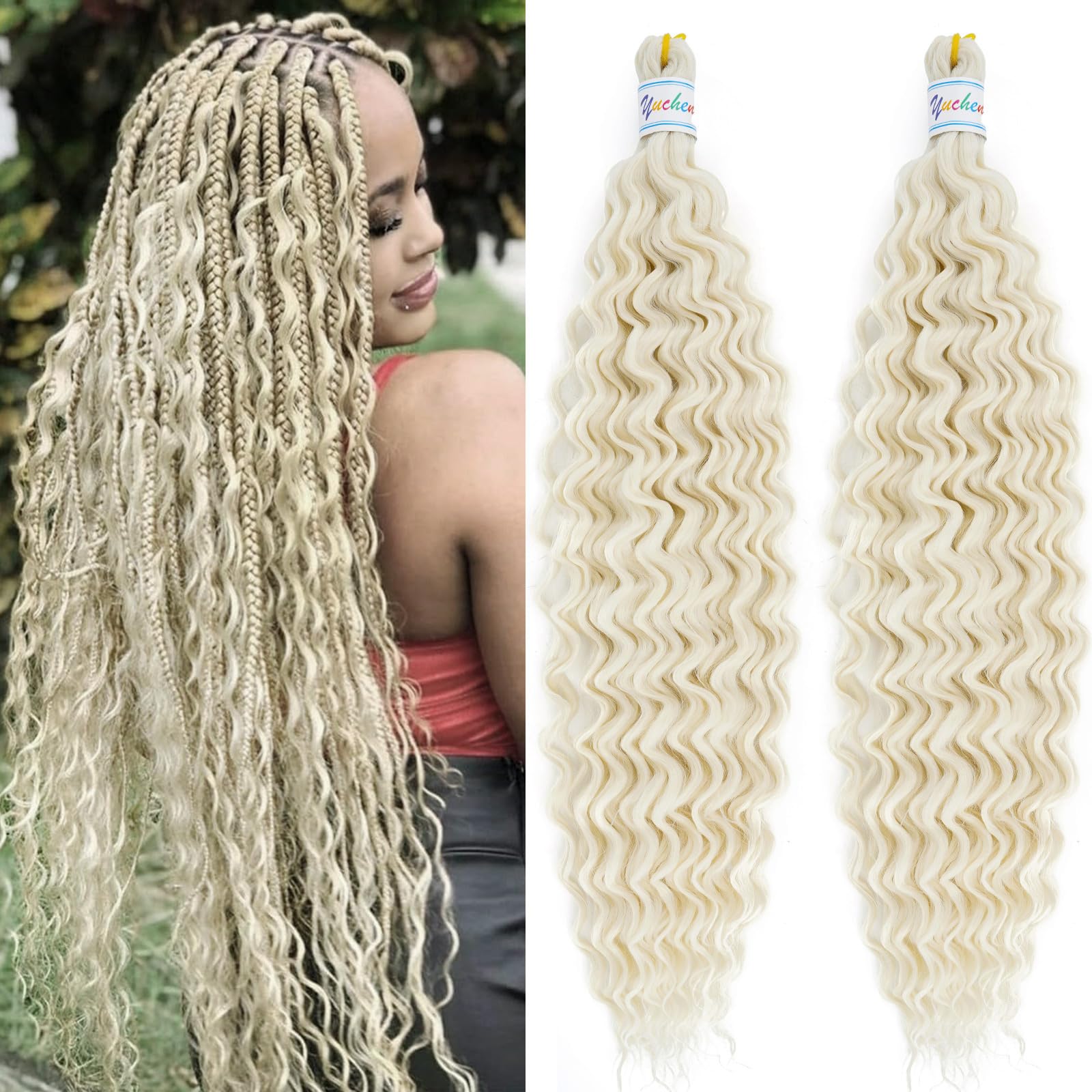 Ai Yuchen 613 Blonde Boho Hair for Braiding Deep Ocean Wave Crochet Curly Braiding Hair Pre Stretched for Braids 24 inch 2 Packs Bohemian Boho Curls