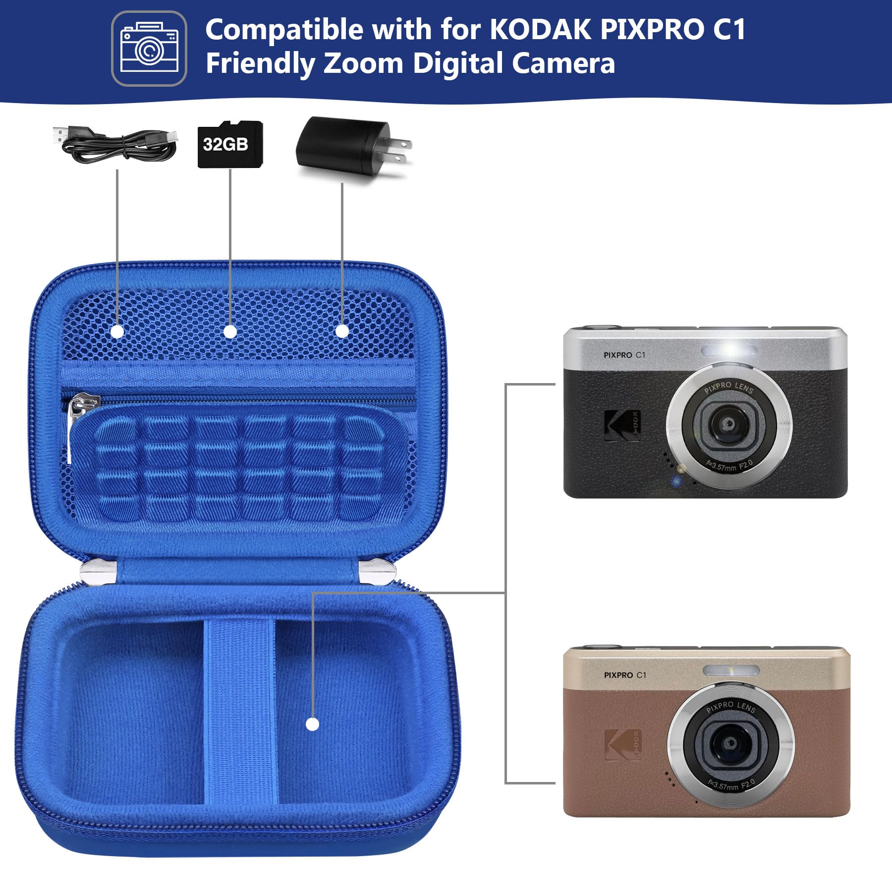 Etui de Voyage pour Kodak Pixpro C1 – Appareil Photo Numérique Ultra-Compact, Point and Shoot Porte-Bagage Portable pour Appareil Photo numérique avec Sac en Maille pour câble de Charge, Bleu
