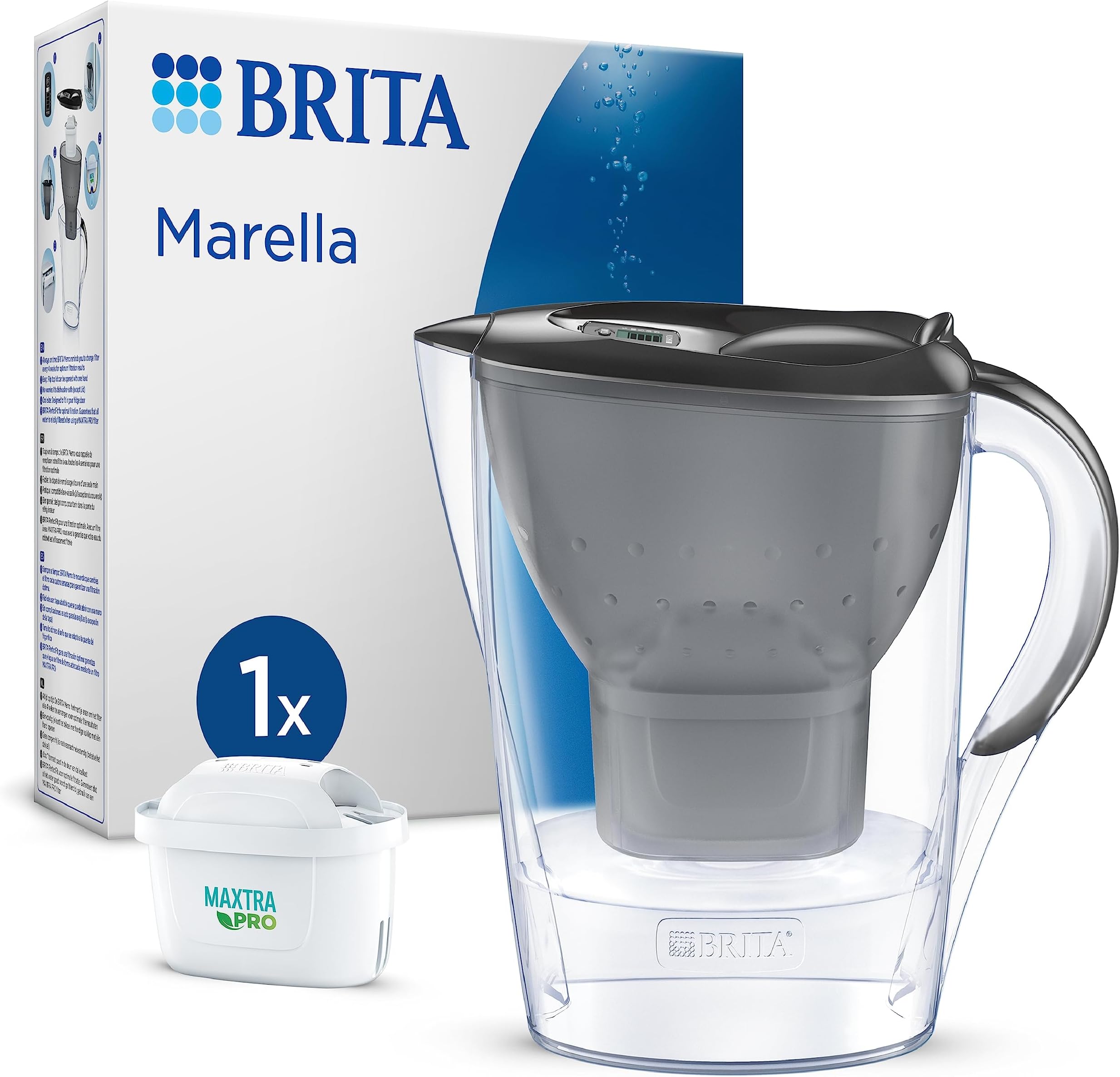 BRITA Marella Graphite Filter Decanter (2.4 L) incl. 1 MAXTRA PRO All-in-1 Water Filter Cartridge Reduces PFAS, Lime, Chlorine, Certain Impurities and Metal Time Display, Eco Packaging