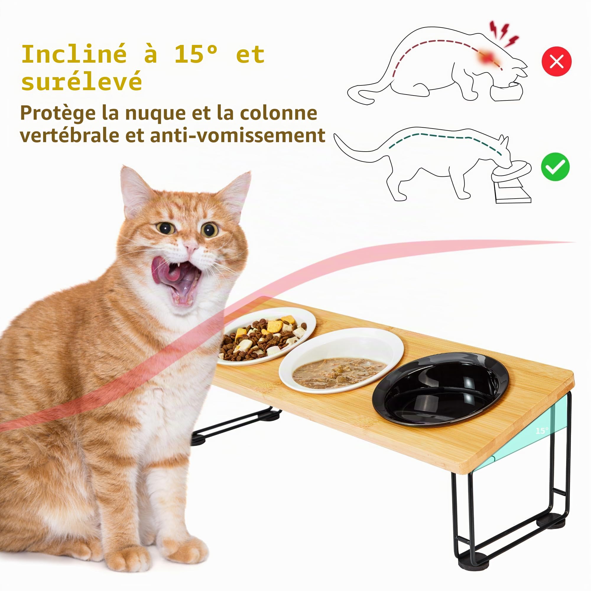 Gamelle Chat Surélevée - 3 Bols Céramique de Nourriture Avec Support 15° Incliné et Tapis - Pour Chats et Petits Chiens