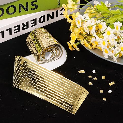 Miniatura 5 de PP OPOUNT - 2,360 azulejos de mosaico autoadhesivos, dorados, de discoteca, cuadrados y de vidrio para decoración de manualidades, bola de