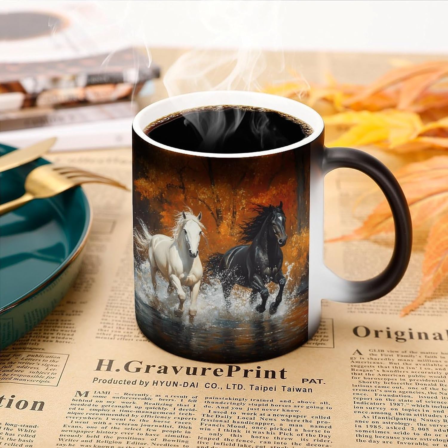 Horses Running in Autumn Scenery Color Changing Mug Heated Ceramic Cup Heat Sensitive Coffee Mug Fun Gift